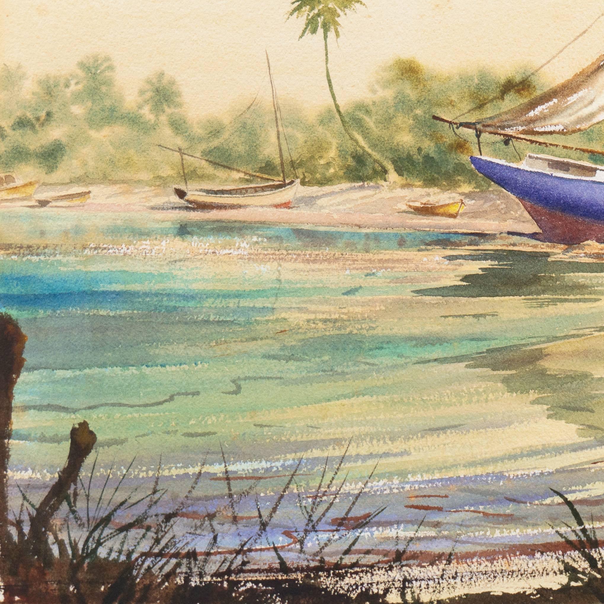 'Sailboats Drawn up in a Tropical Inlet', Florida - Beige Landscape Art by Kaspar-Andreas Zimmermann