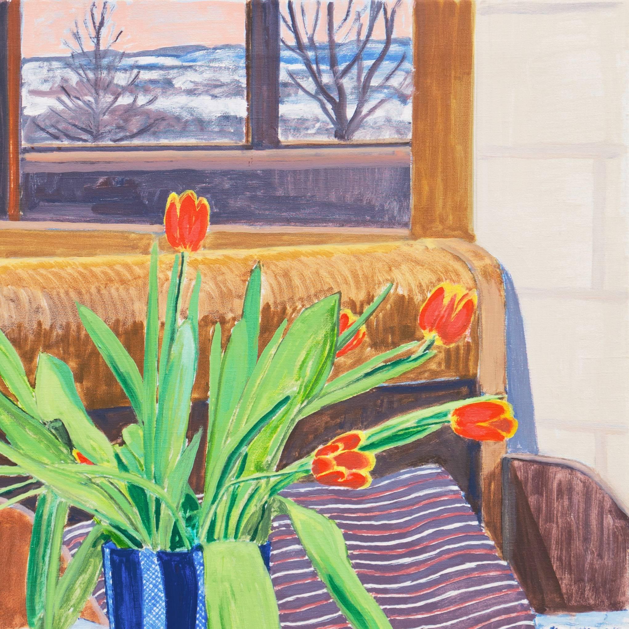 Signed lower right, 'Lars Swane', dated 1986, and inscribed verso 'Tilhører Palle Nielsen'.

A substantial, oil still-life showing variegated, red and yellow tulips informally arranged in a cobalt blue patterned vase, resting inside a cobalt and