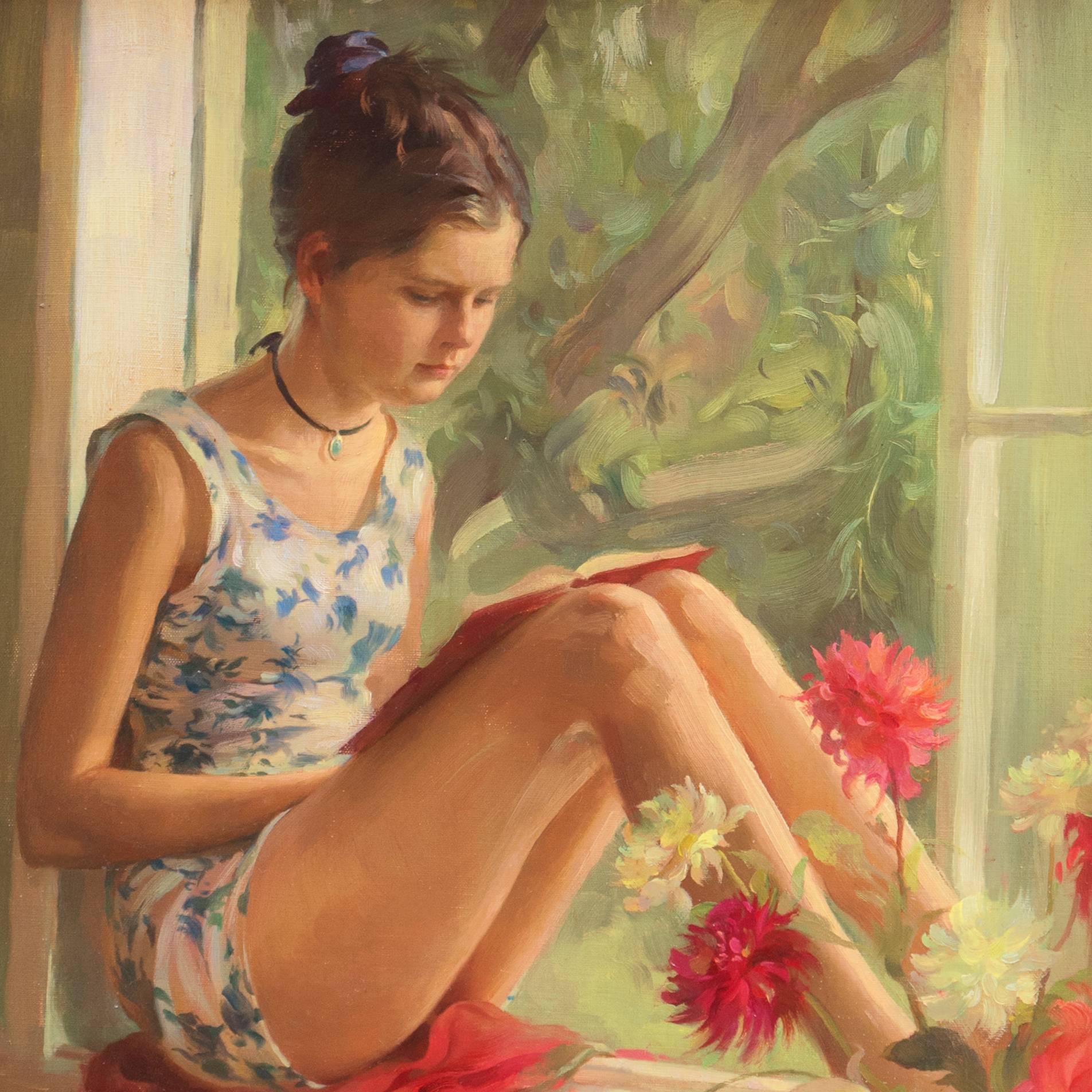 Young Woman Reading - Brown Portrait Painting by Pal Fried