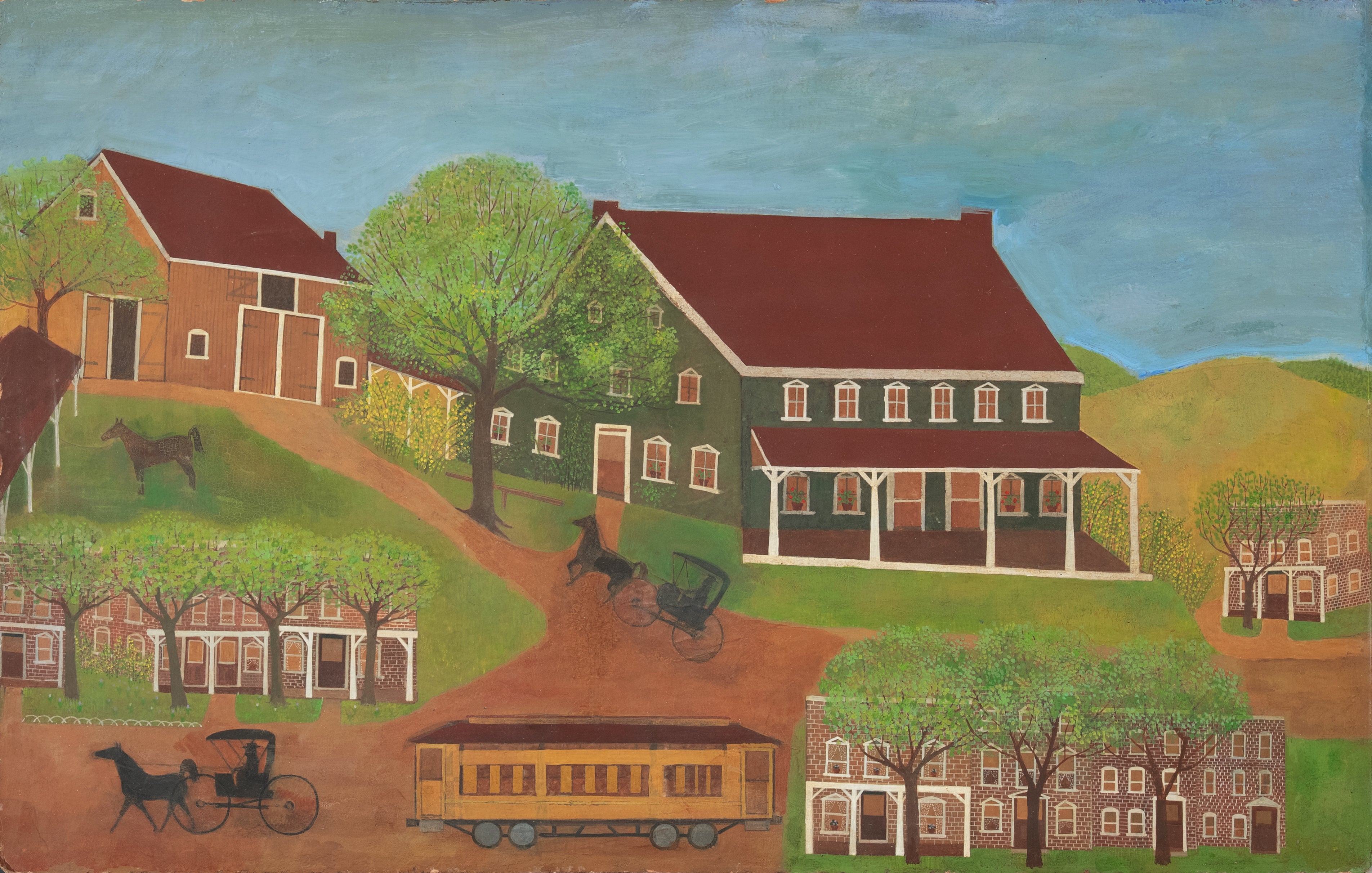 'Rural Landscape with Horse and Buggy', Antique Americana, Folk Art, Naive, Oil