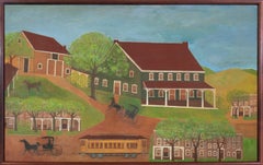 'Ländliche Landschaft mit Pferd und Wagen', Antike Americana, Volkskunst, Naiv, Öl