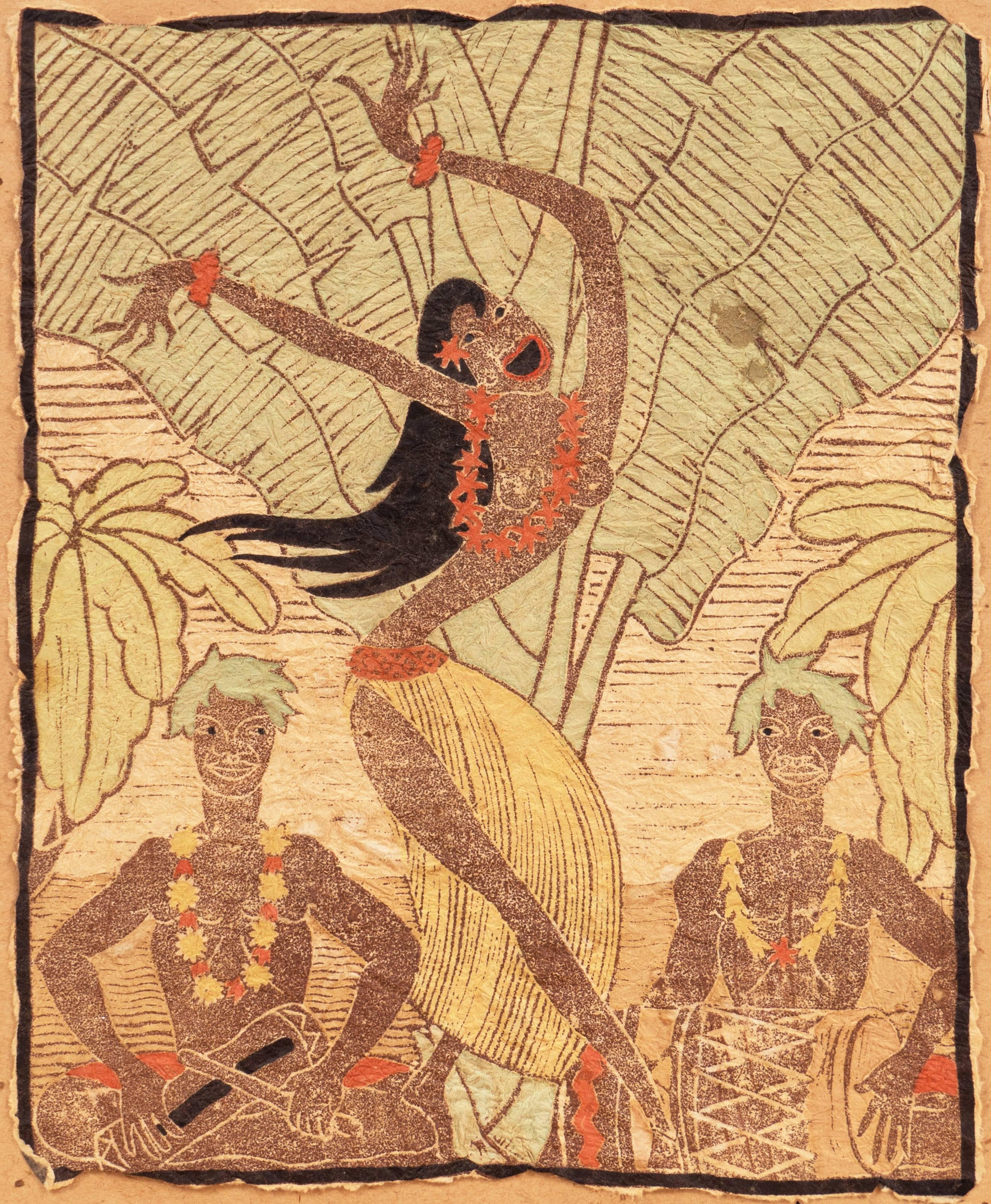 Hal Steward Wilcox Figurative Print - 'Tahitian Dancer with Drummers', California Artist, Honolulu, Mexico, San Diego