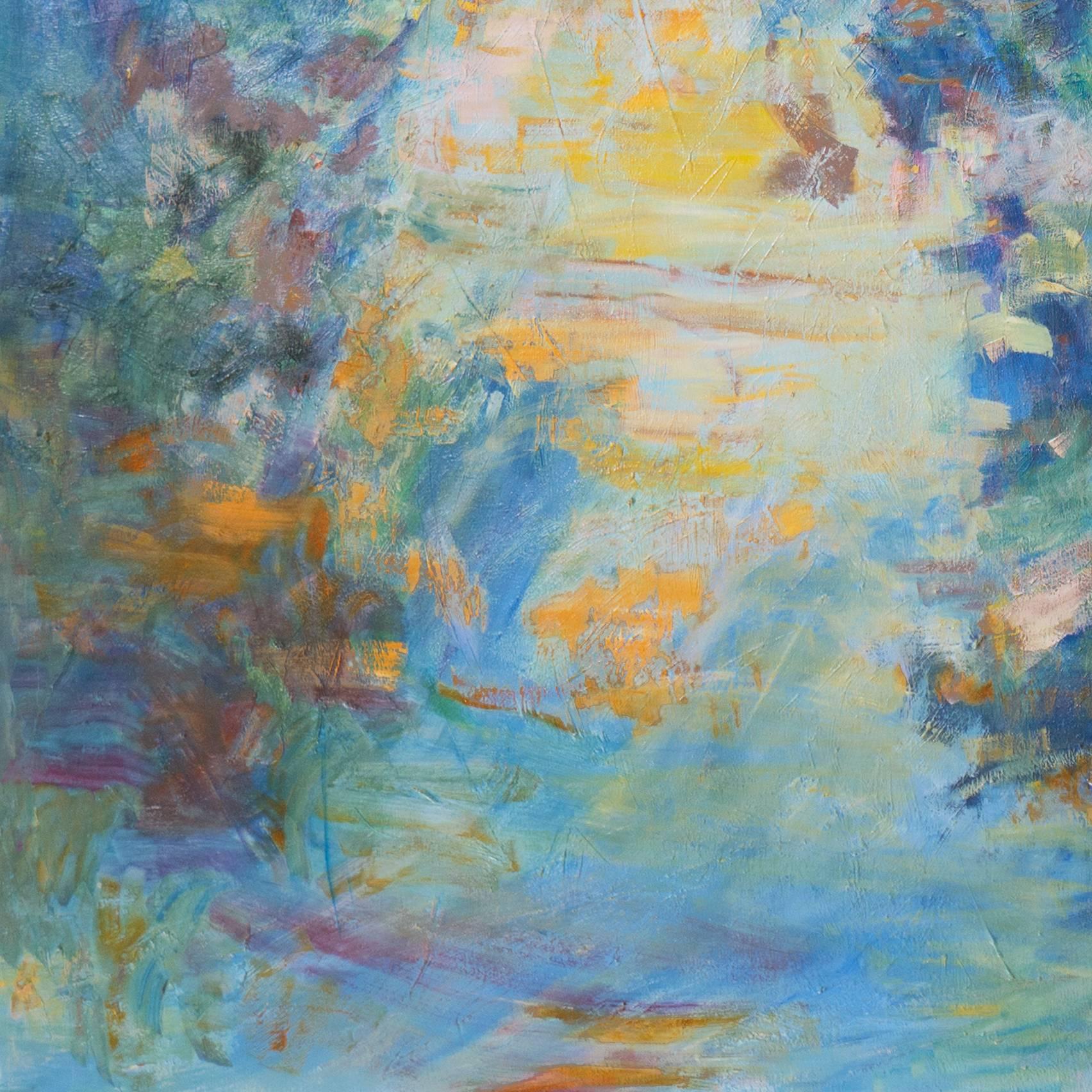 'Sunset on the Lamoille River outside Johnson, Vermont', Large Oil Landscape - Blue Landscape Painting by Kathy Mason Lerner