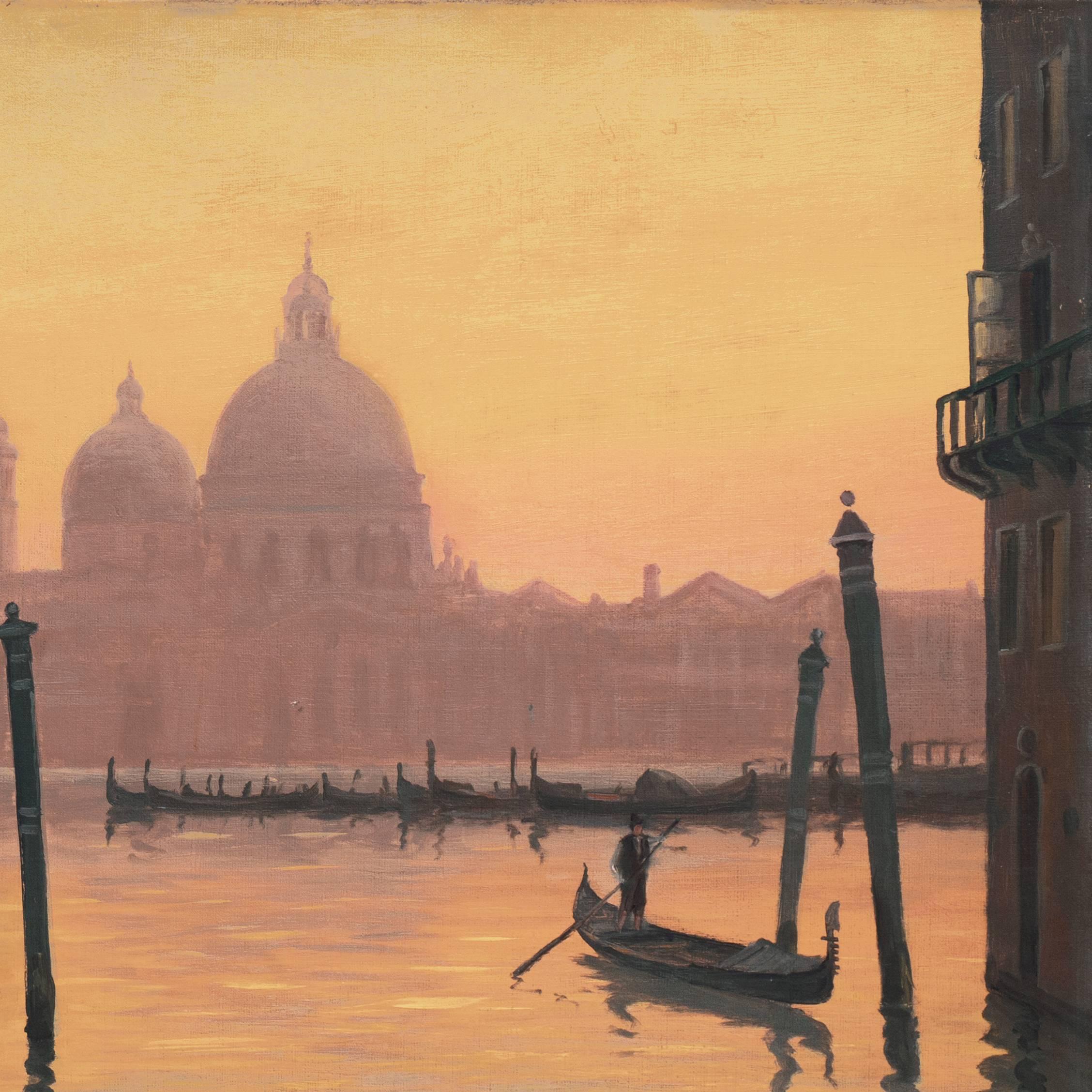 Signed lower right, "Alfred Olsen", dated 1906, titled "Venezia", and inscribed on a label verso "S Maria della Salute sil fra Piazetta".

An early twentieth-century Venetian vedute looking across the Grand Canal to
