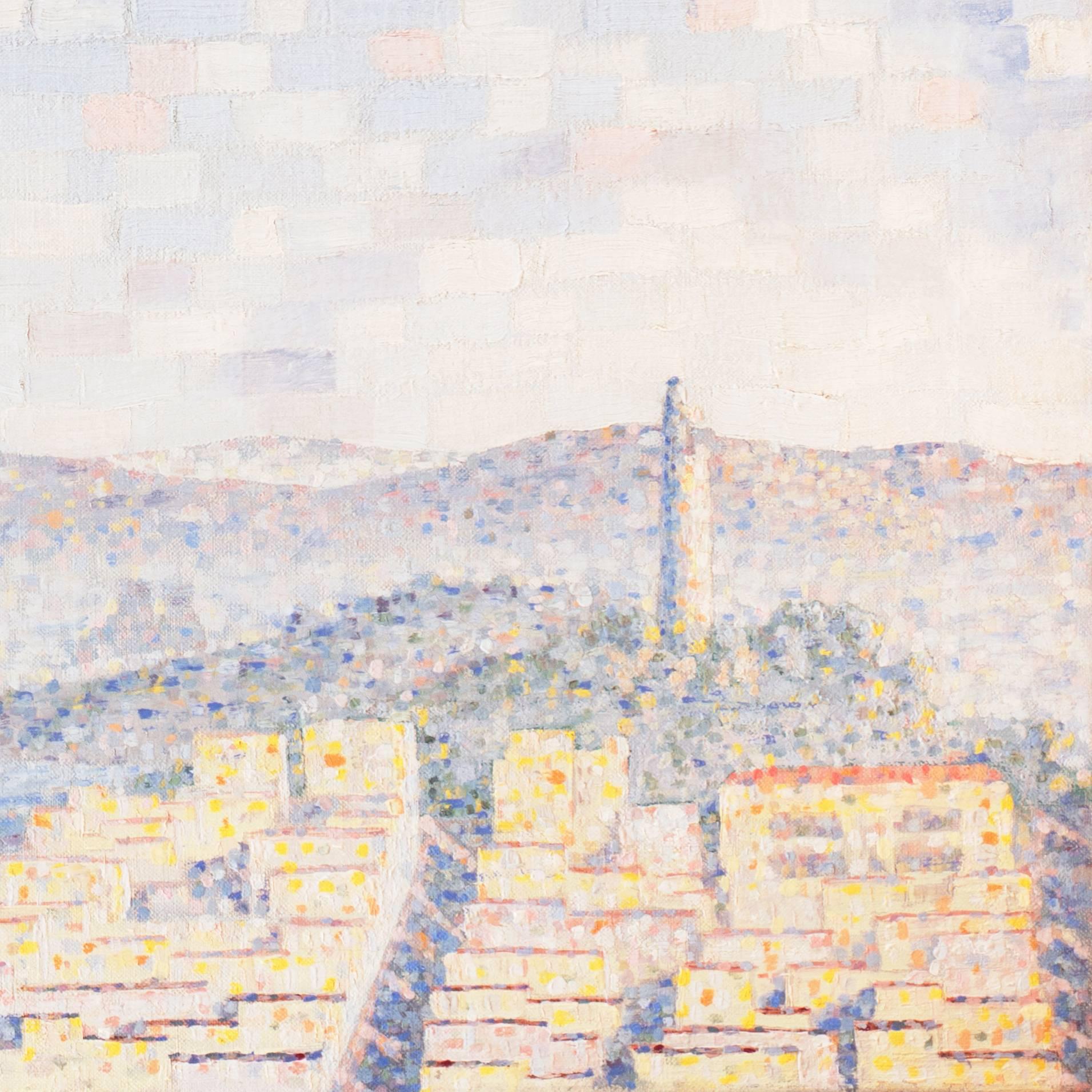 « View of San Francisco with Coit Tower » (Vue de San Francisco avec la tour des côtes), Bay Area, Californie, huile pointilliste - Painting de Unknown