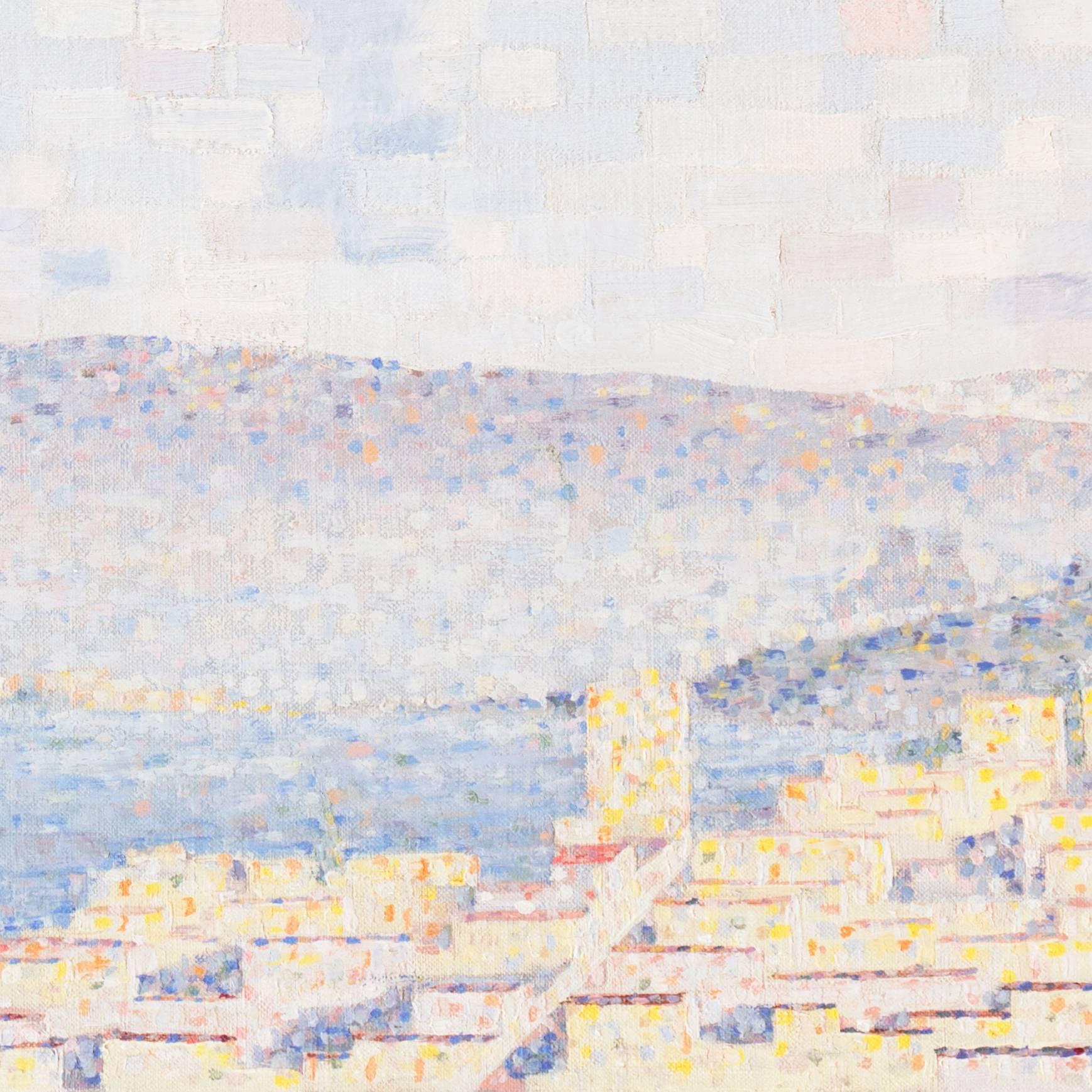 « View of San Francisco with Coit Tower » (Vue de San Francisco avec la tour des côtes), Bay Area, Californie, huile pointilliste - Gris Landscape Painting par Unknown