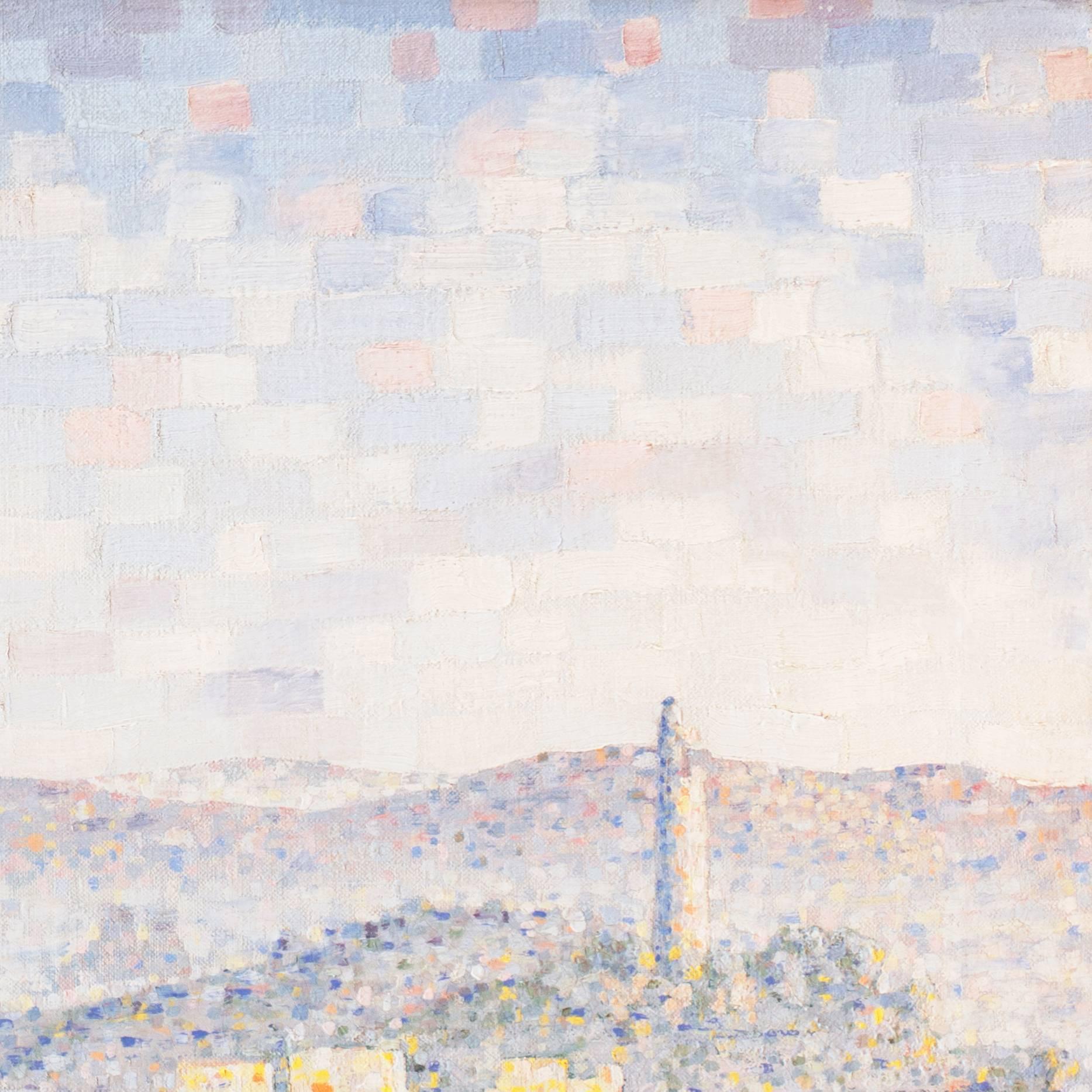 A substantial mid-century, pointillist oil cityscape showing a view of San Francisco with Coit Tower overlooking the neighborhood of Telegraph Hill looking towards rolling hills beneath a clouded sky.

American school. Signed lower left, 