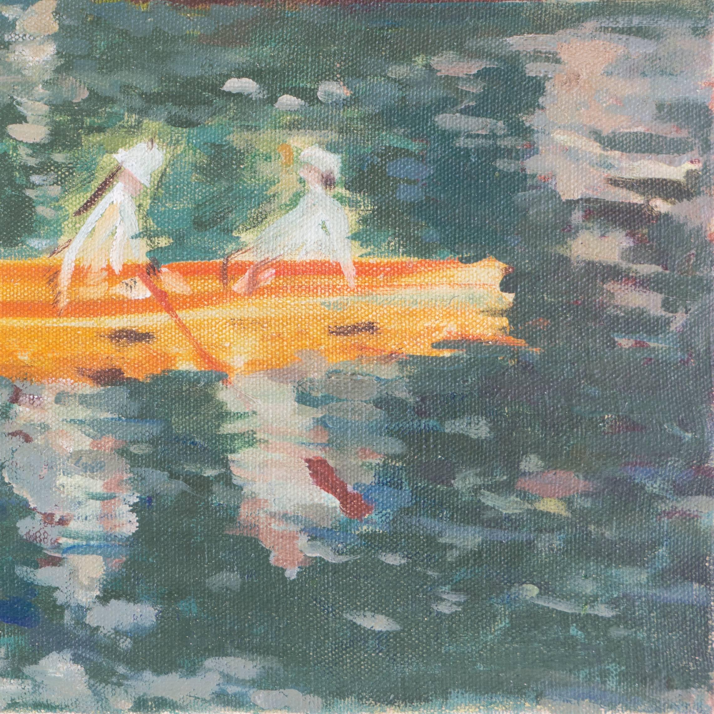 Unsigned and painted circa 1935

An impressionist oil painting of two young women enjoying boating on a lake side.
 
Displayed in a substantial gilt frame. 
Dimensions including frame: 17.5 x 20.5 x 3