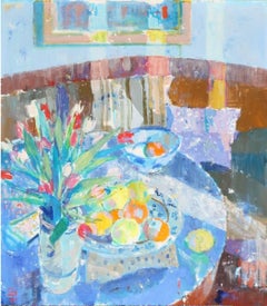 'Still Life of Tulips in a Sunlit Interior', Post-Impressionist Blue Room