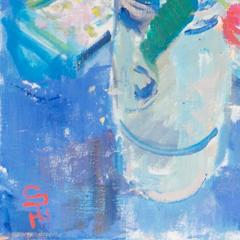 „Stillleben der Tulpen in einem sonnenbeschienenen Innenraum“, postimpressionistisches blaues Zimmer