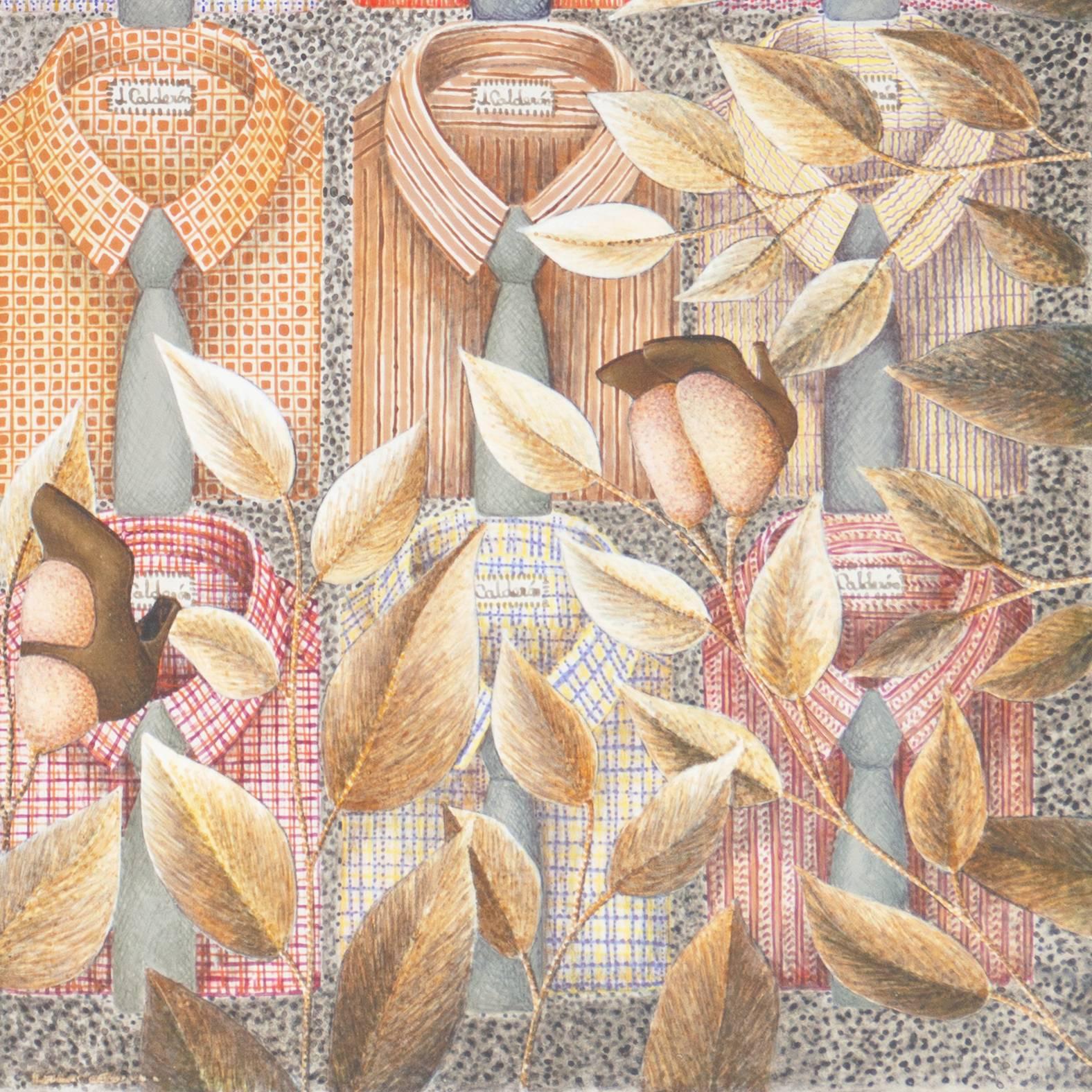 Surrealist Fashion Painting with Dress Shirts and High Heel Shoes - Beige Still-Life Painting by Juan Calderón