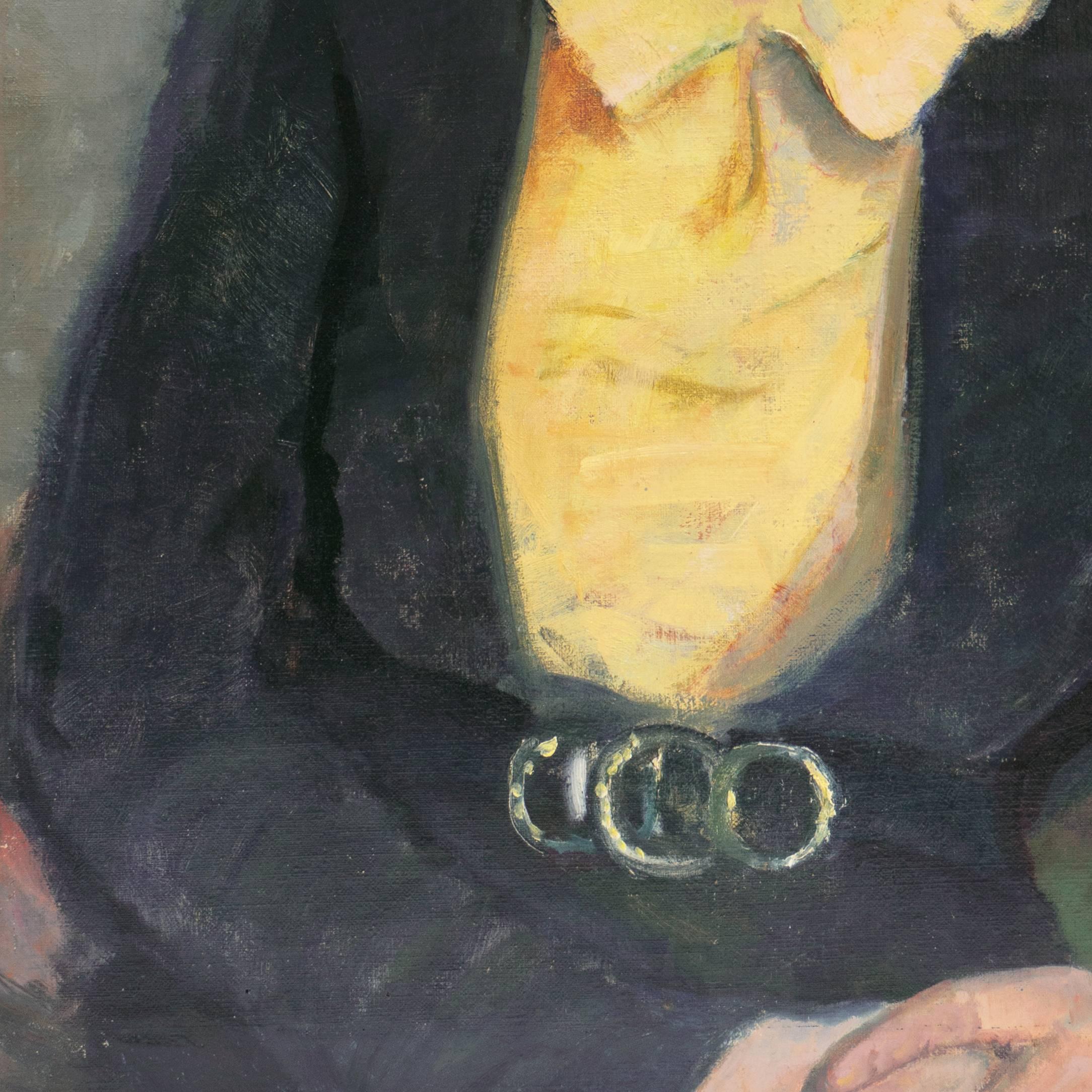 A lyrical, Modernist oil portrait of a young woman, possibly the poet Virginia Woolf, shown seated and gazing to the viewer's right. Painted circa 1930.

Unsigned but by bravura hand and painted with great sensitivity and psychological penetration