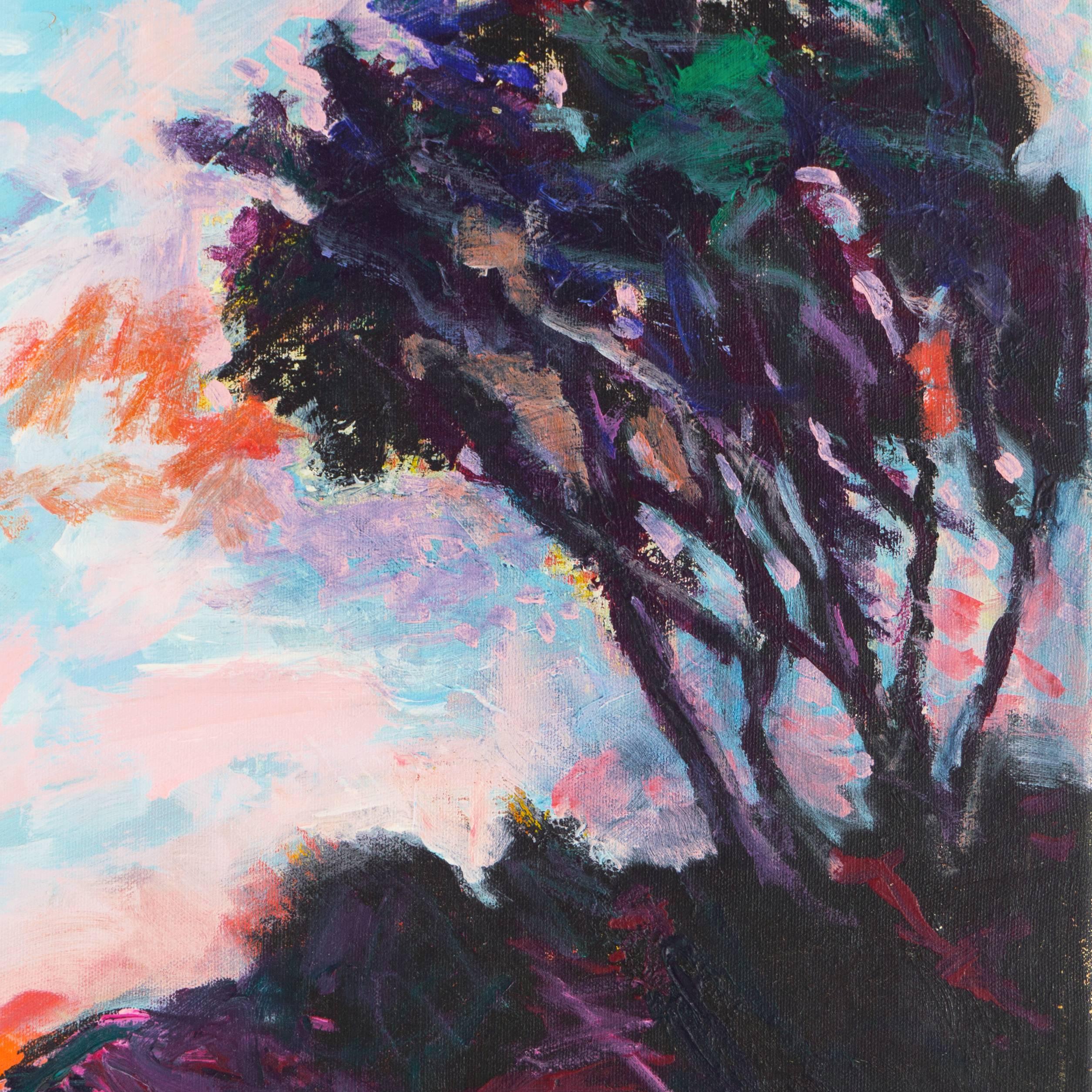 Signed lower right 'Guzman' (Juan Guzman-Maldonado, born 1948) further signed on canvas verso and titled 'Laguna Hills' on attached label. 

An oil landscape showing a eucalyptus tree overlooking Ventura county at sunset. This Ventura based artistis