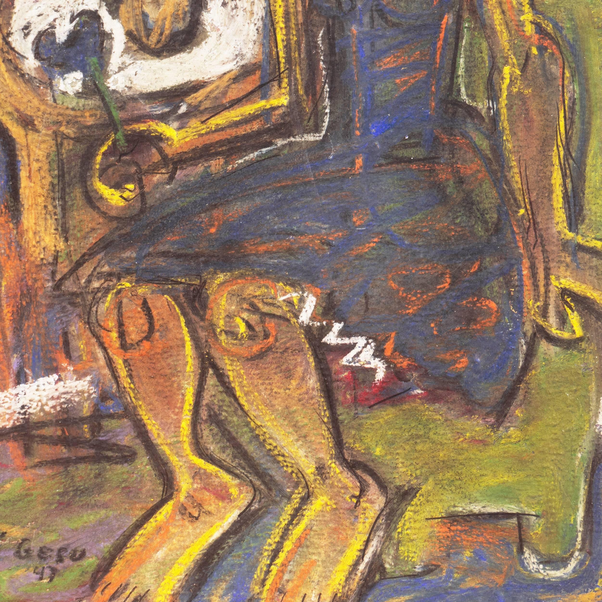 Figürliches Pastell, das eine junge Frau in einem kobaltblauen Kleid zeigt, die auf einem olivgrünen Stuhl sitzt und eine Blume in der Hand hält, neben einer Blumenvase auf einem Beistelltisch.

Signiert unten links, 