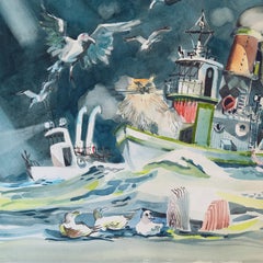 «En alta mar», paisaje marino de fantasía y aventura infantil con animales, un gato y gaviotas