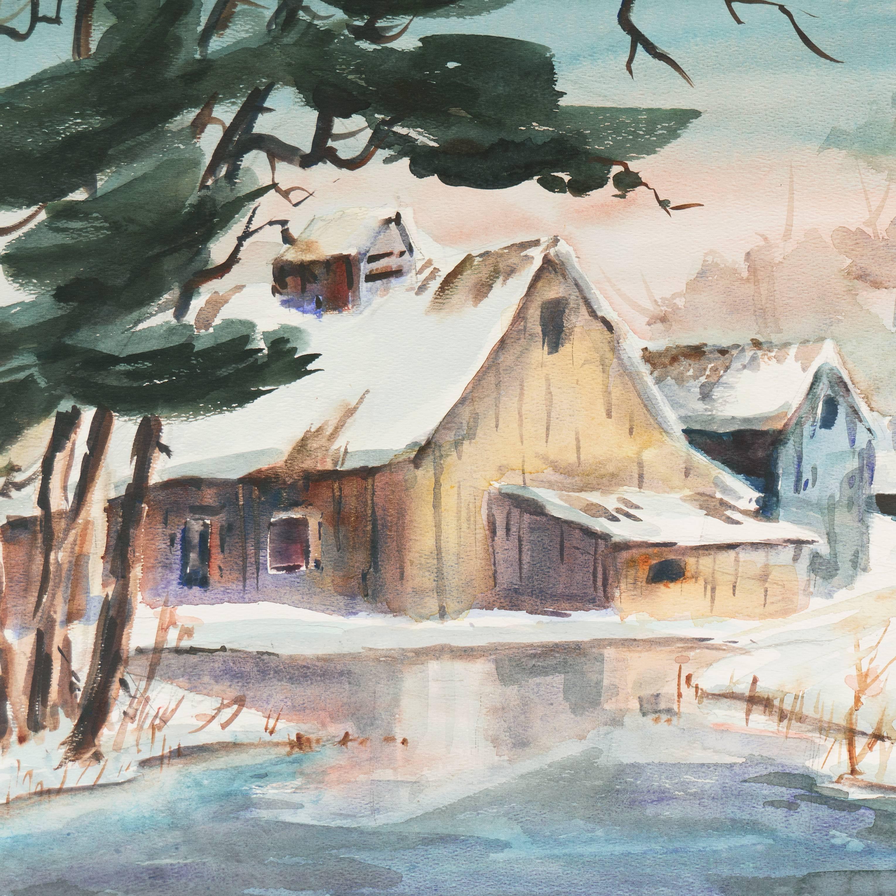 Un elegante acquerello di paesaggio invernale che mostra la vista di un vecchio fienile in legno e degli annessi accanto a un laghetto ghiacciato.

Firmato in basso a destra 