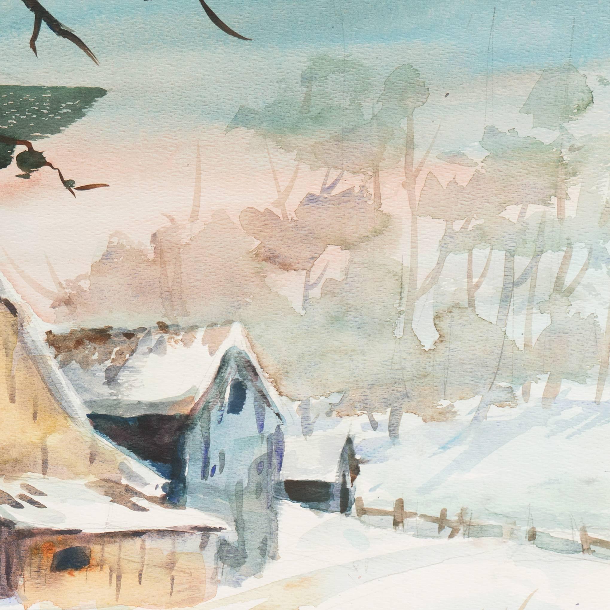 'A Snow Covered Barn', Society of Watercolor Artists, Rural Winter, California For Sale 1
