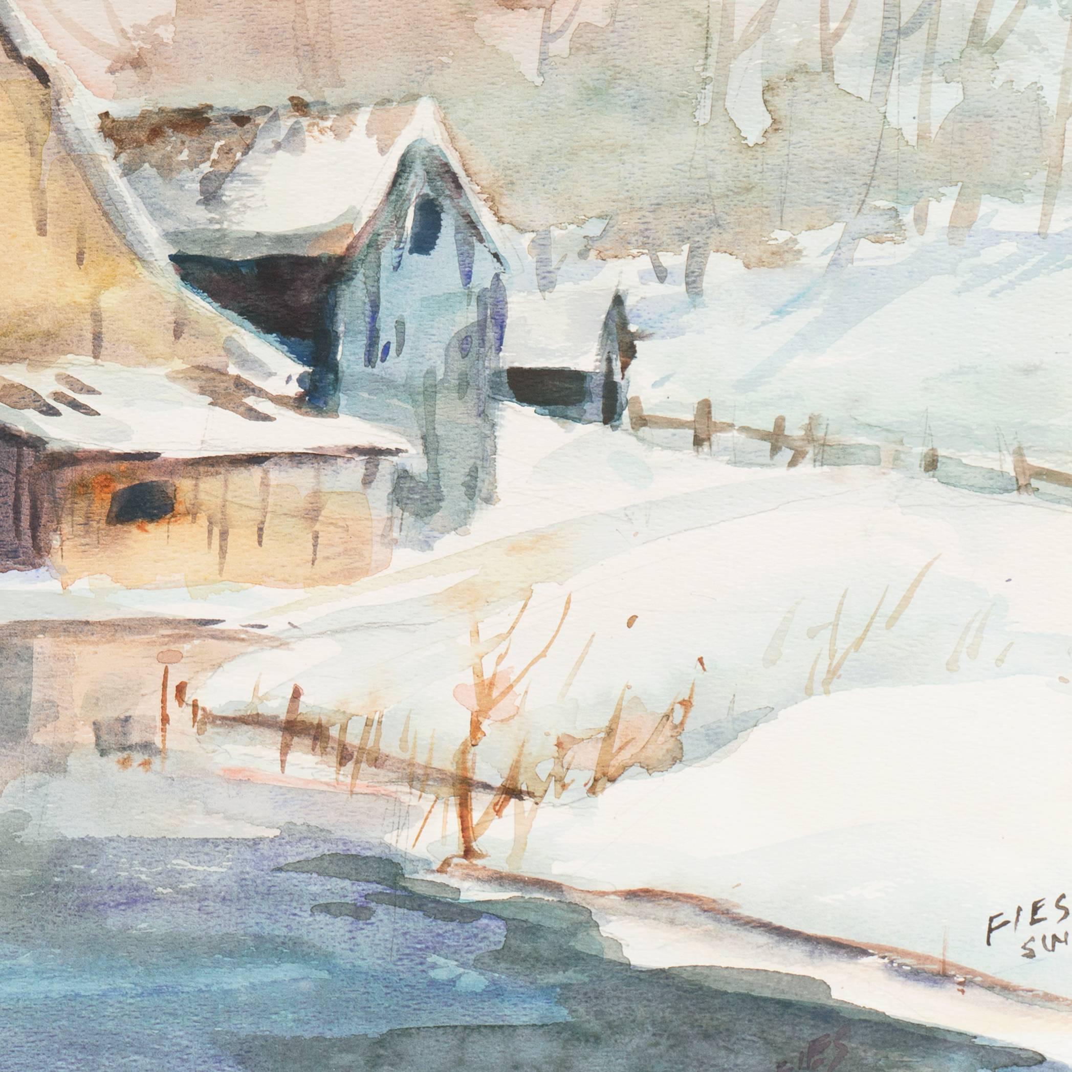 'A Snow Covered Barn', Society of Watercolor Artists, Rural Winter, California For Sale 2