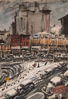 'Winter in the City', 1930s Scaffold Sky Sign, American Modern Realism, Urban