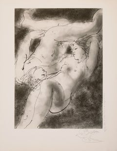 'Couple Embracing', Liebespaar Kuscheln, Modernist Grisaille Aquatint Etching