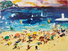 „Strandszene“, übergroße, handsignierte postimpressionistische Lithografie, Sonnenschirm