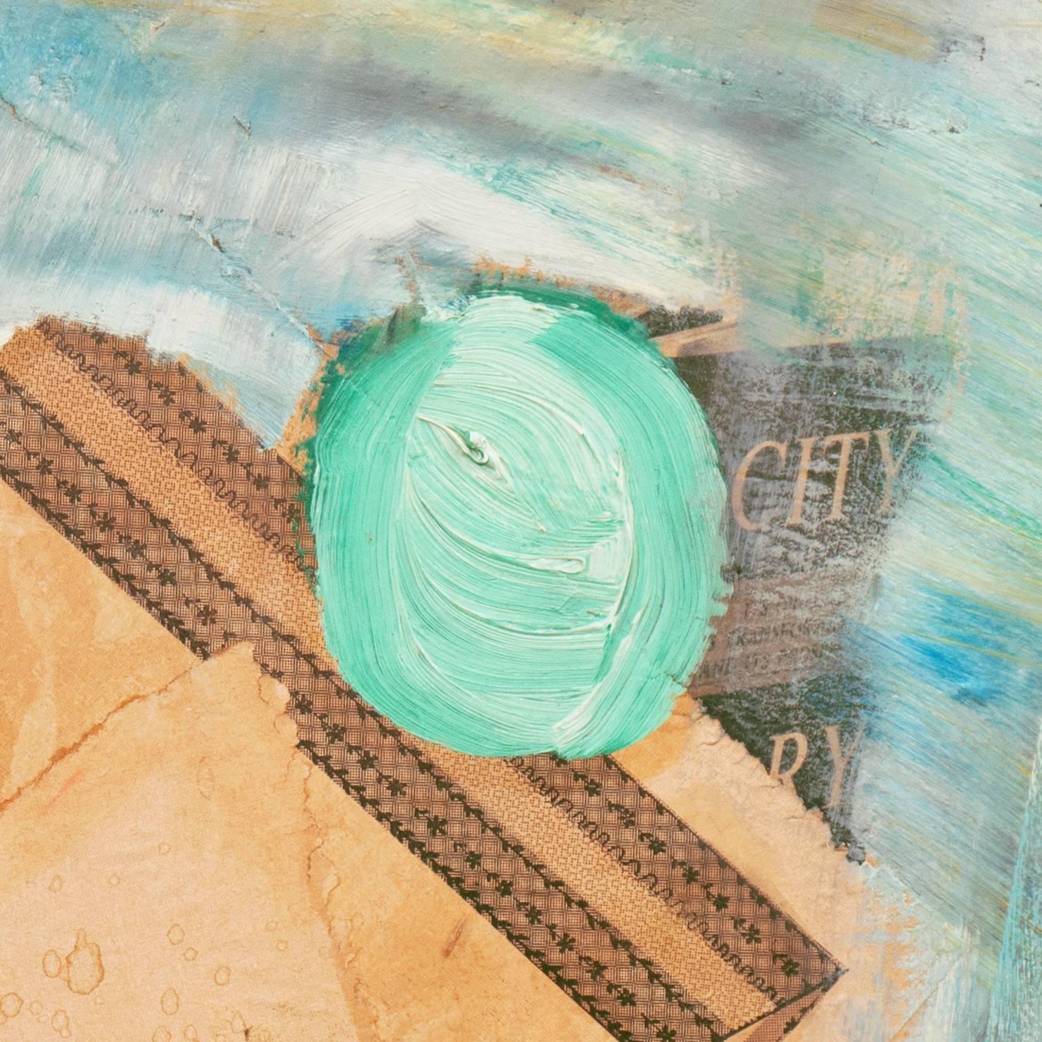 Oil and paper assemblage abstracted seascape comprised of layers of cut and torn paper with printed patterns, images, and text, overlapped by dynamic fields of sea-foam green, coral, and charcoal brush-strokes.

Signed upper right, 