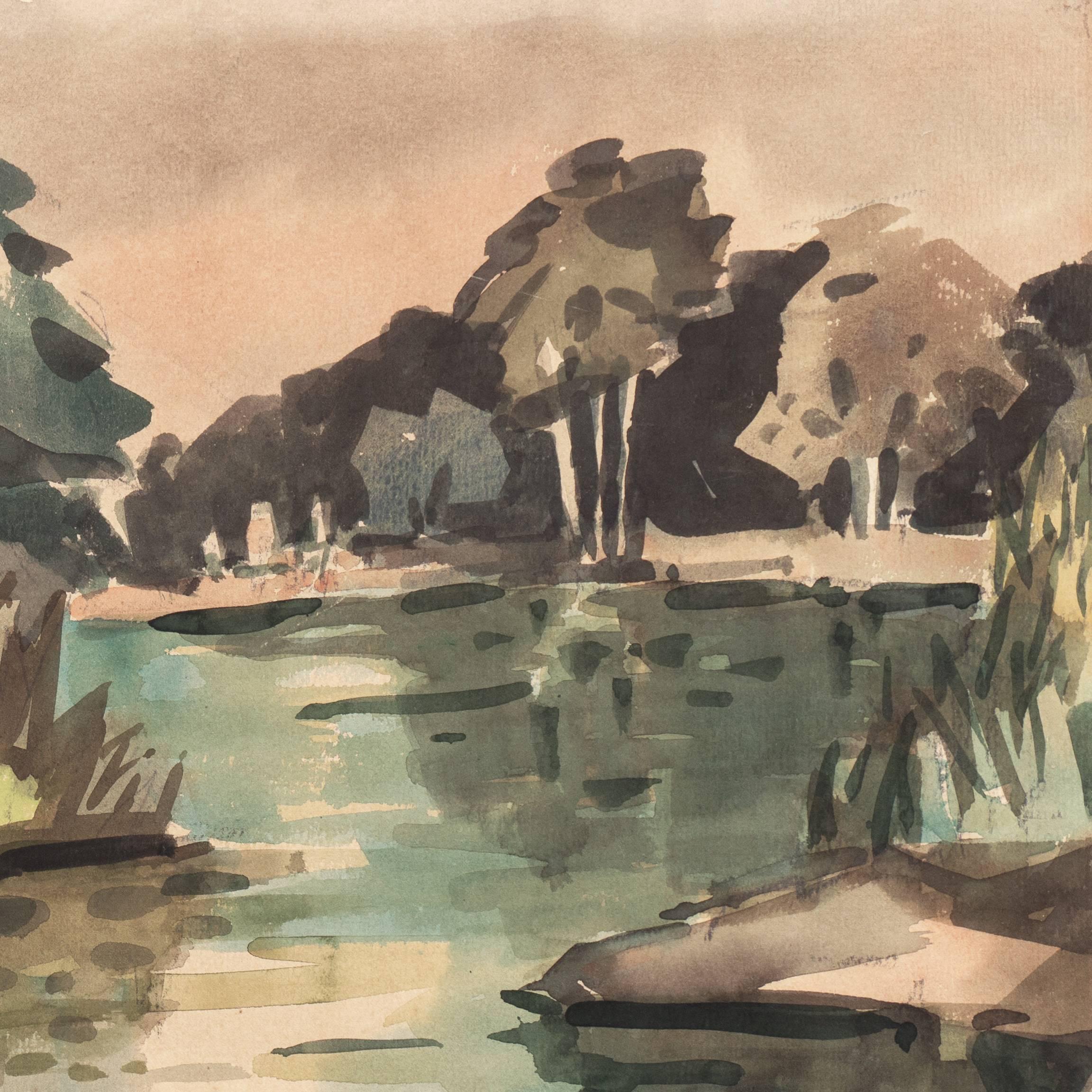 « Water's Edge », artiste californienne, CWS, SWA - Gris Landscape Art par Marjorie Stevens 