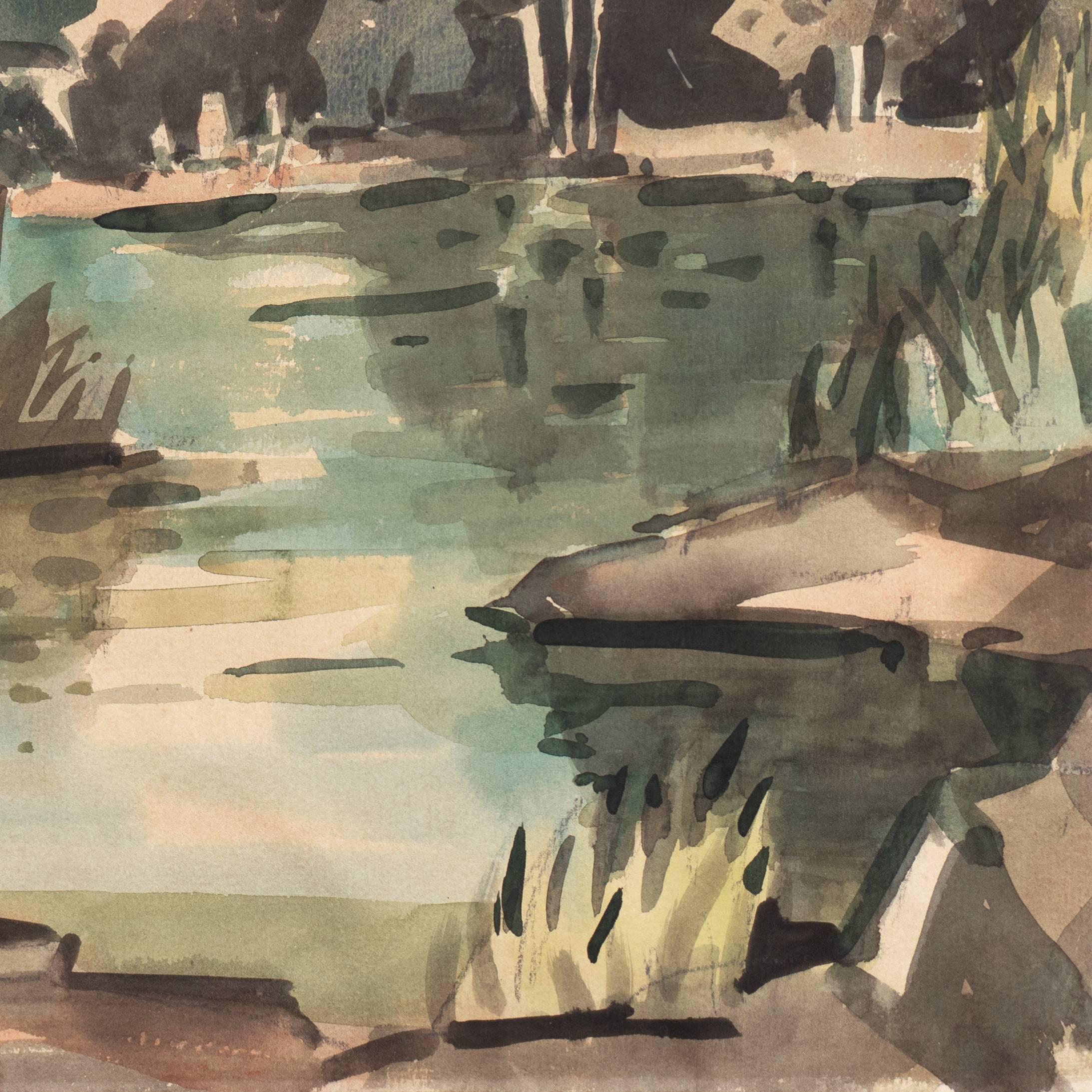 'Water's Edge', California Woman Artist, CWS, SWA - Gray Landscape Art by Marjorie Stevens 