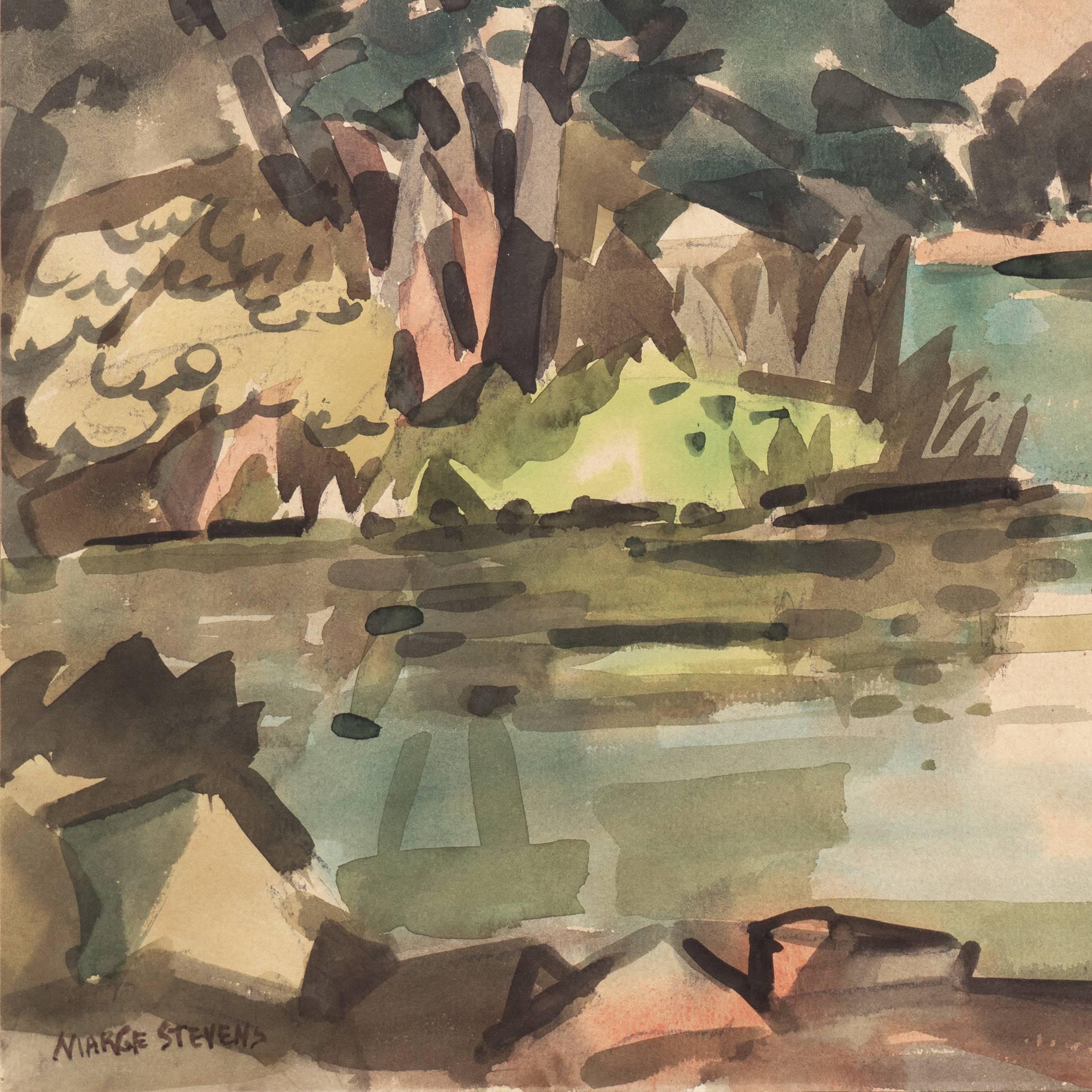 Watercolor landscape showing a view of a lake with grasses and trees growing at its edge and reflected in the water, with cloudy skies overhead.

Signed lower left, 