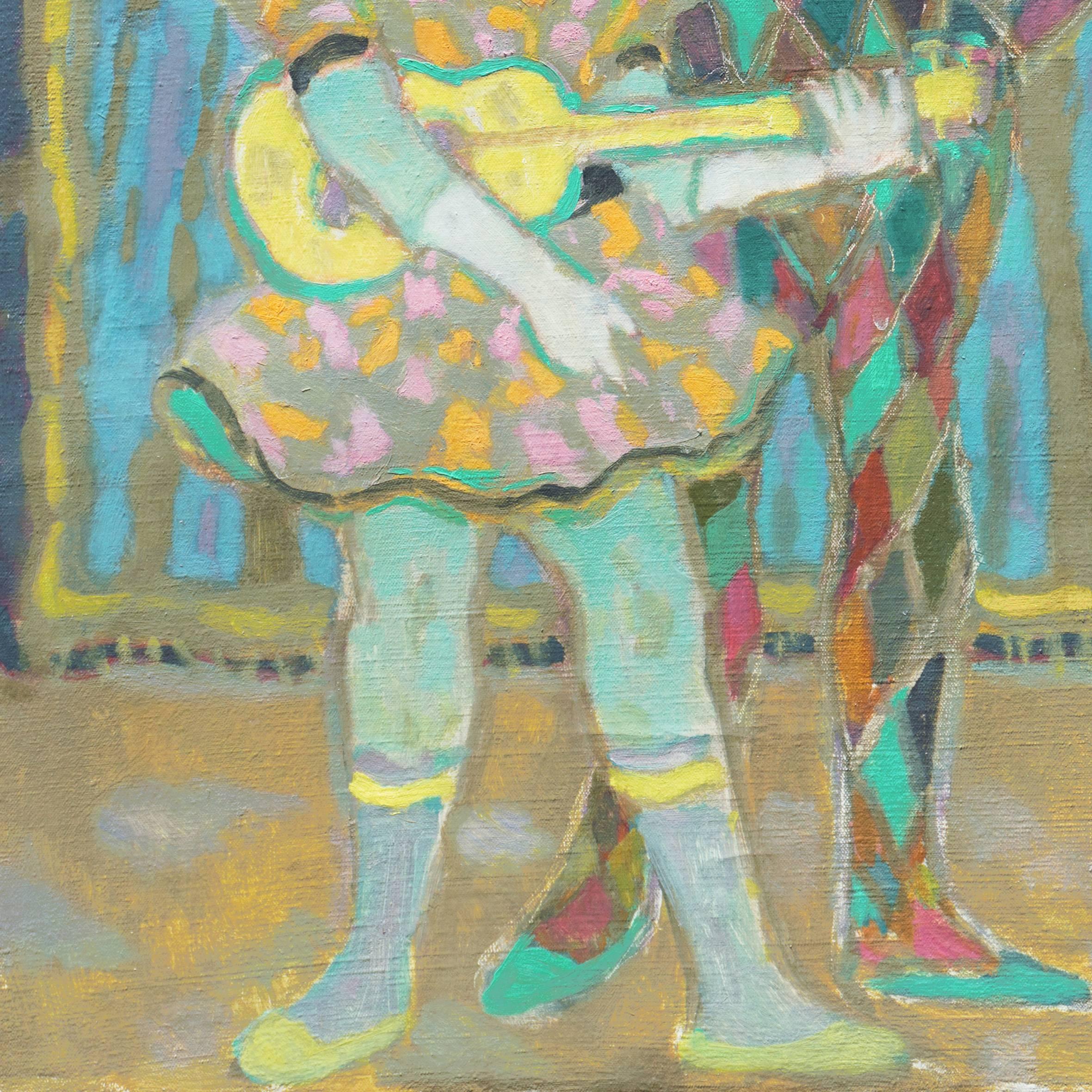 Signed lower right, 'Andre Regagnon' (French, 1902-1976) and painted circa 1950.

A substantial, Post-Impressionist figural oil showing the two characters from the Commedia dell'Arte standing, with Columbina playing a guitar and Arlequino,