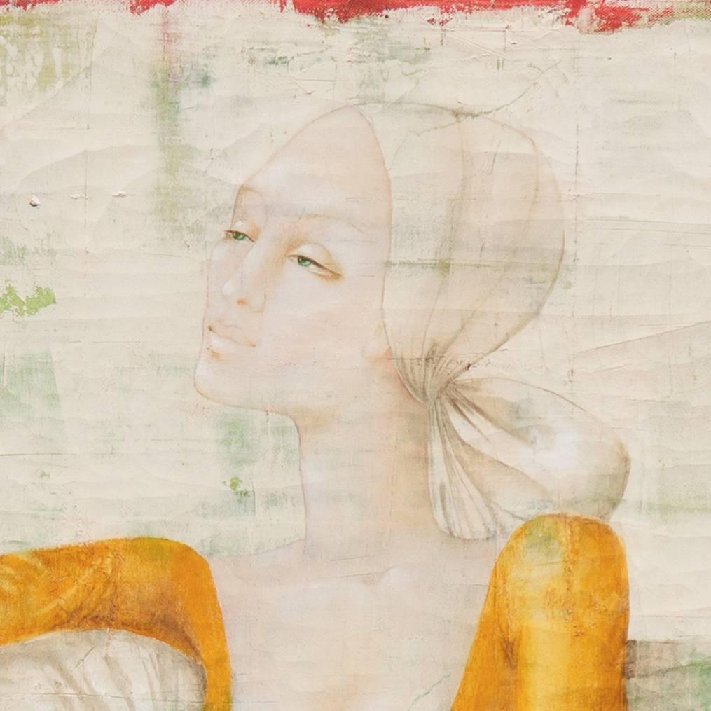 'Woman Seated', French Modernist Fashion Portrait in Ivory and Gold, Paris - Painting by Philippe Auge