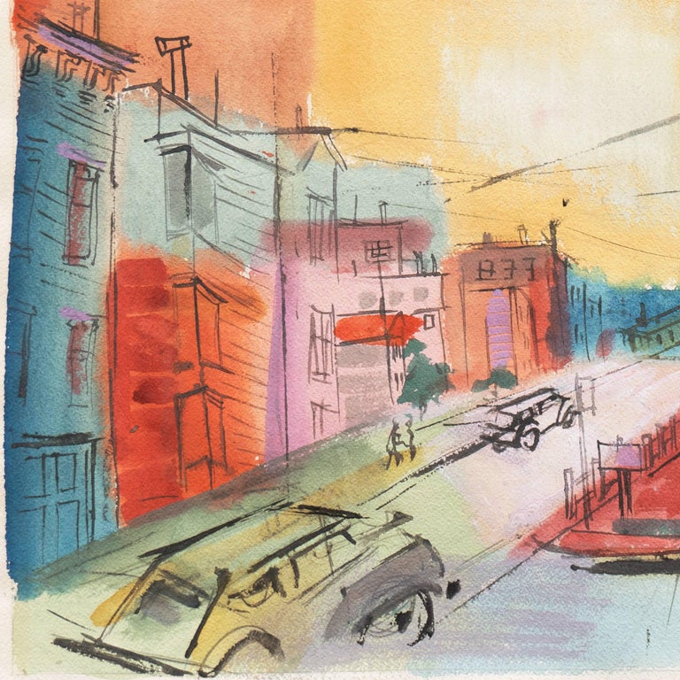 A vibrant expressionist watercolor showing a view of San Francisco and the bay contrasted against a semi-abstracted colorist background. 

Signed lower right, 'Provenzano' for Sam Provenzano (American, 1923-1999) and painted circa 1955.

A graduate