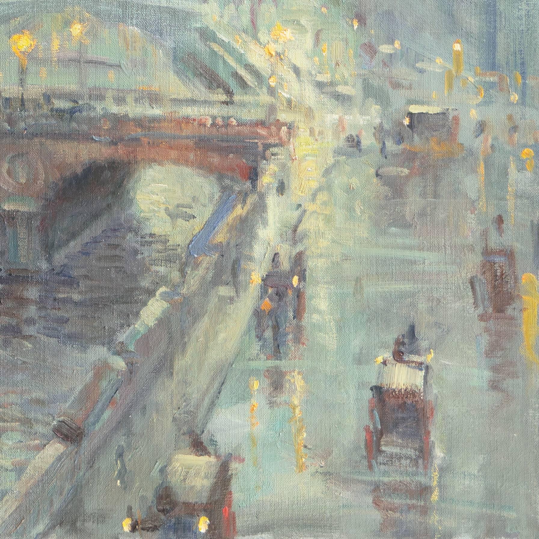 Signed lower left, 'Maley' and stamped on canvas verso '(c) Alan Maley' (British, 1931-1995).

A delicately painted, Impressionist style view of Paris, showing the Seine with the cathedral of Notre Dame and the Île de la Cité,  lit by lamplight on a