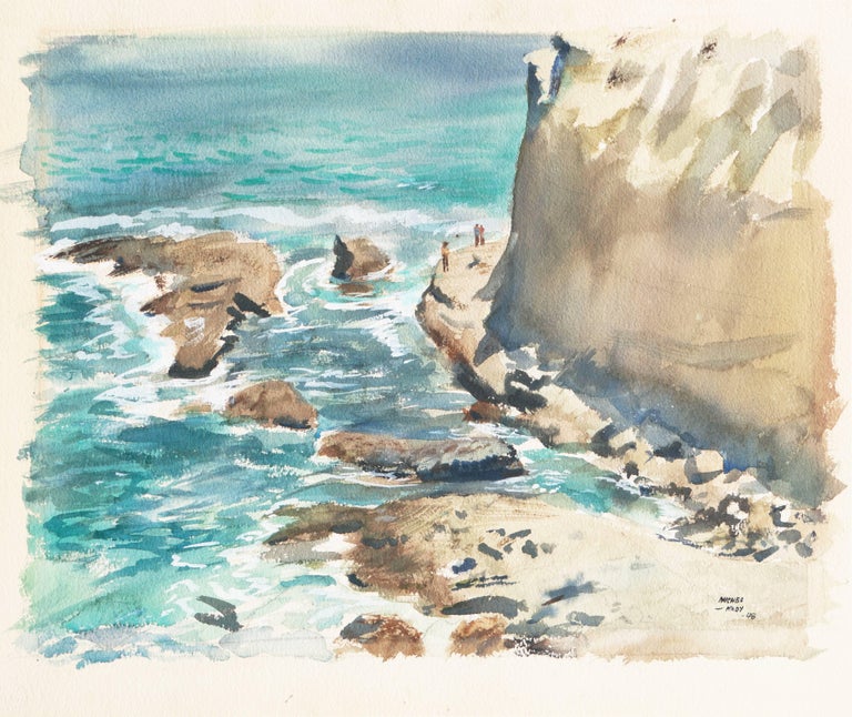 Signed lower right, 'Michel Kady' and dated 1948.

A substantial watercolor on Arches paper showing a coastal scene with figures walking beside the Pacific Ocean beneath imposing cliffs. This listed Hungarian-American Artist painted in San Francisco