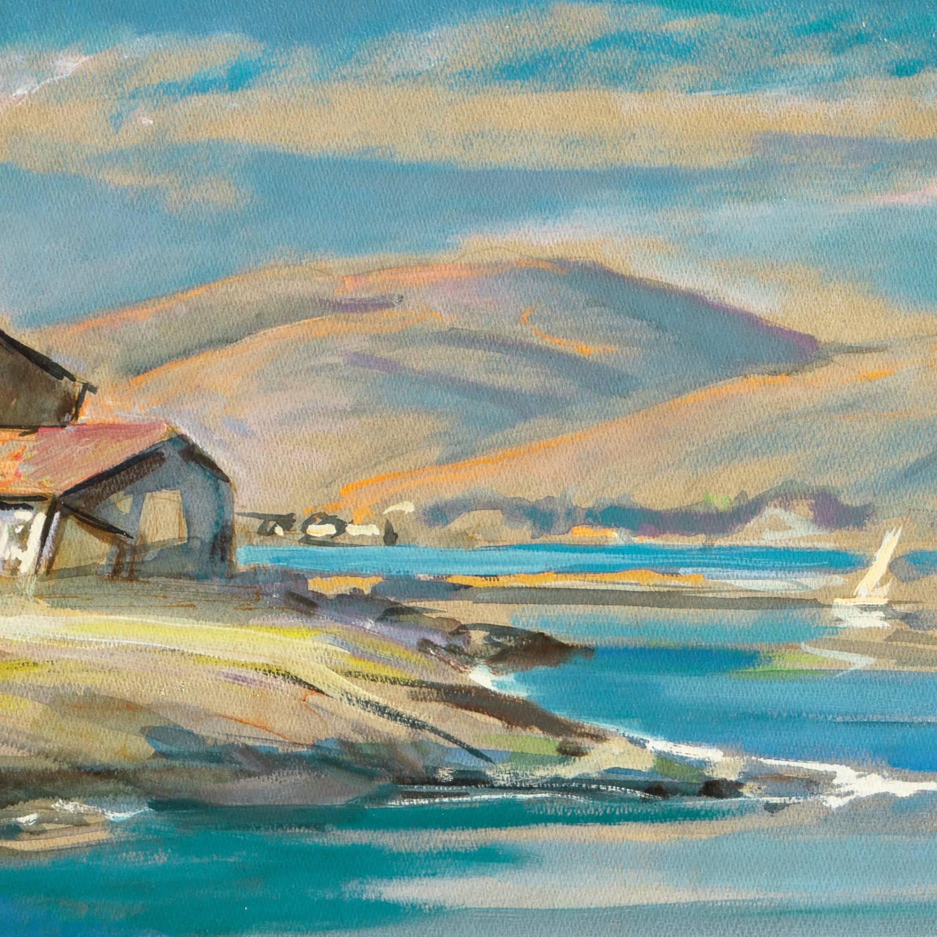 'Bay Shanties, San Francisco', Marin, WPA, Mid-century California oil, Benezit - Gray Landscape Painting by Gordon Cope