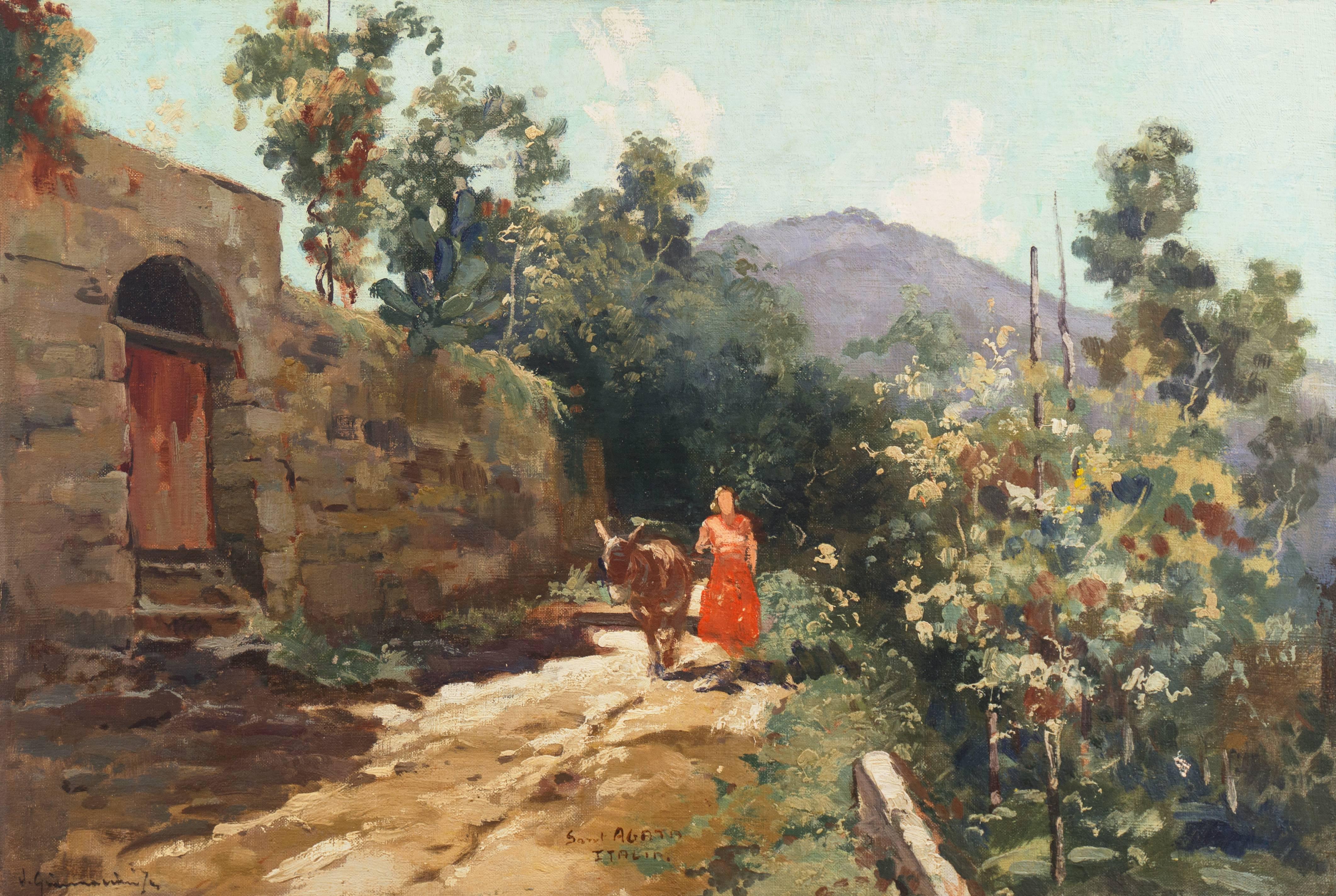 Ilio Giannaccini Landscape Painting -  Italian Impressionist landscape, 'Village Road'