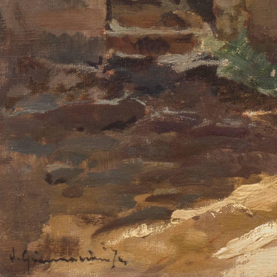 Italian Impressionist landscape, 'Village Road' - Painting by Ilio Giannaccini