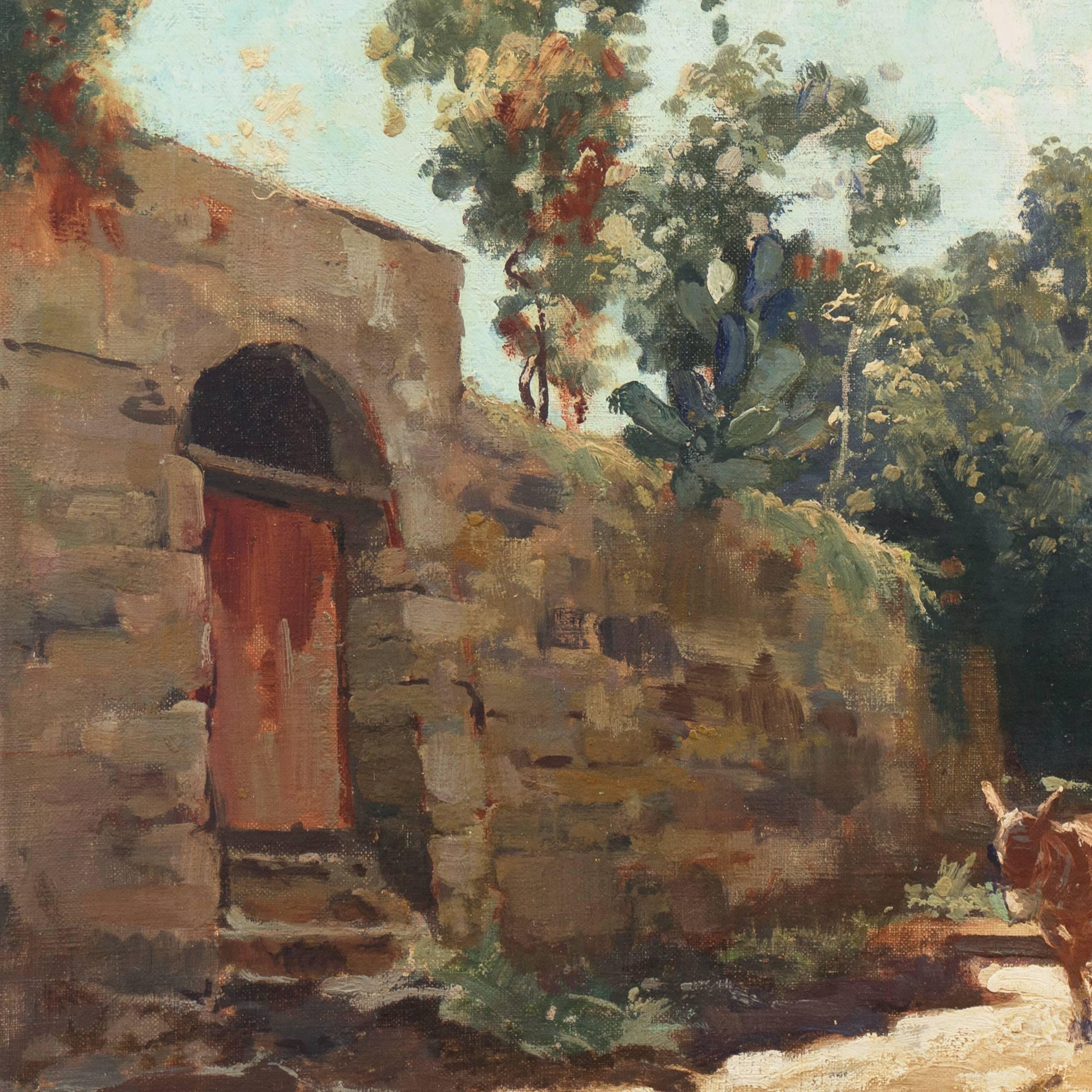  Italian Impressionist landscape, 'Village Road' - Brown Landscape Painting by Ilio Giannaccini