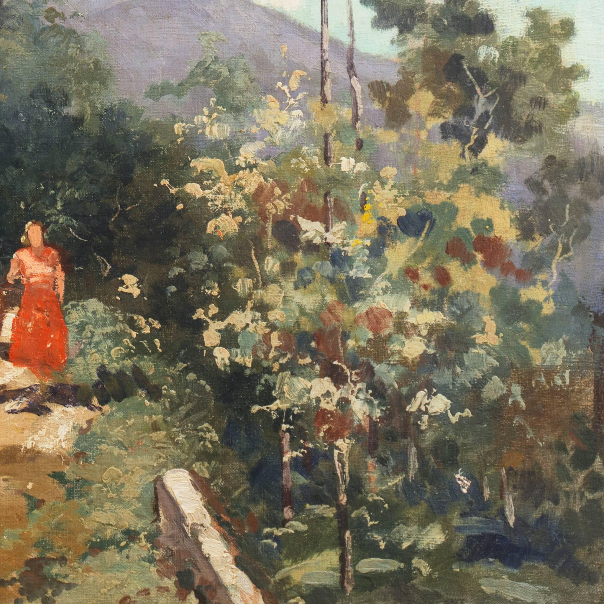 Signed lower left, 'I. Giannaccini' and inscribed 'Sant Agata Italia'.

Oil landscape showing a young woman wearing a rust colored dress, leading a donkey down a dirt path bordered by a stone wall with an arched doorway and lush greenery.

Known for