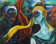 « Carnival Figures », huile d'une artiste new-yorkaise du milieu du siècle dernier représentant une femme, théâtre