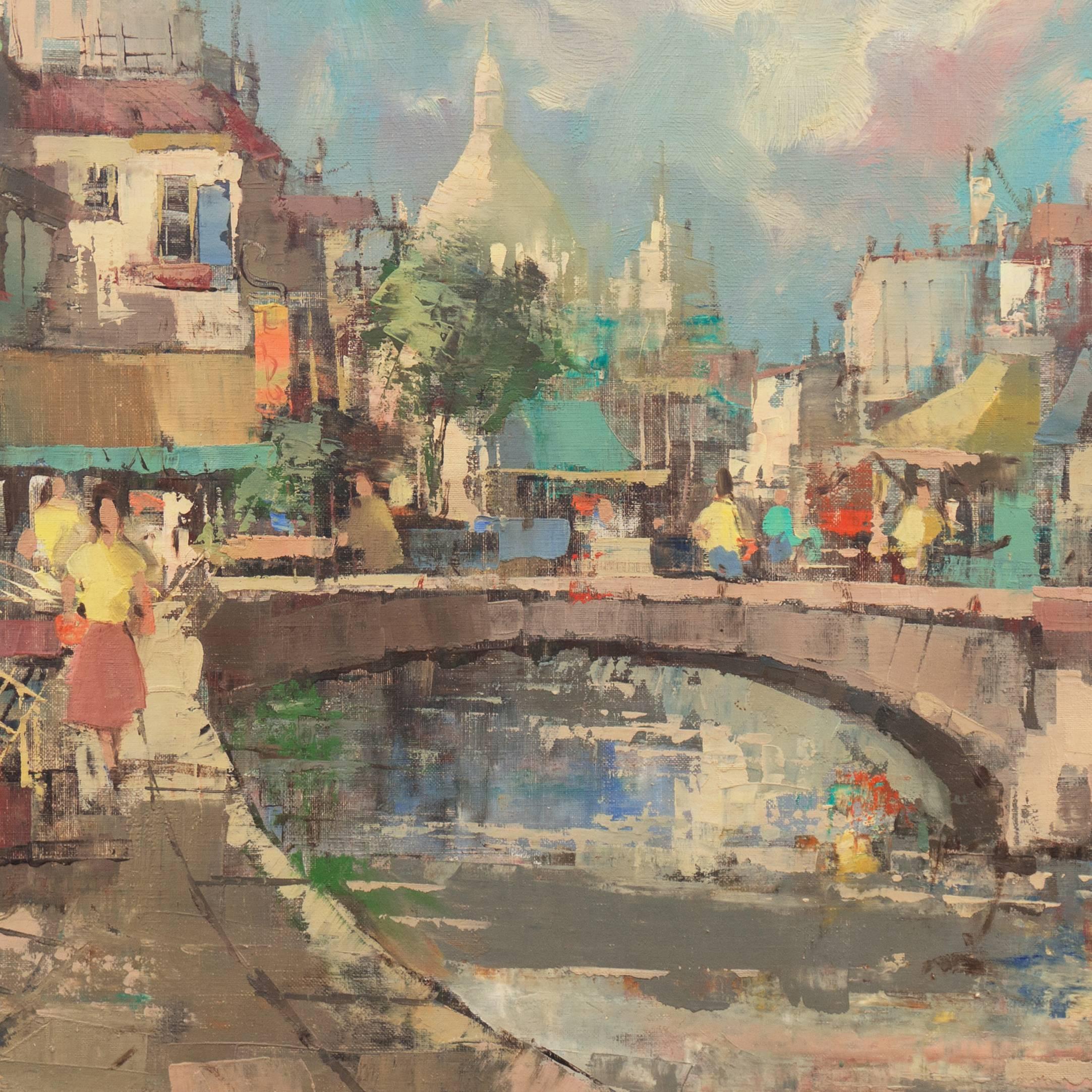 Signed lower right, 'P. Romier' for Paul Romier (French, b. 1919) and painted circa 1965.

Oil street scene showing a Paris market on the banks of the Seine with a fashionably dressed young woman walking beside a news vendor's stand. In the