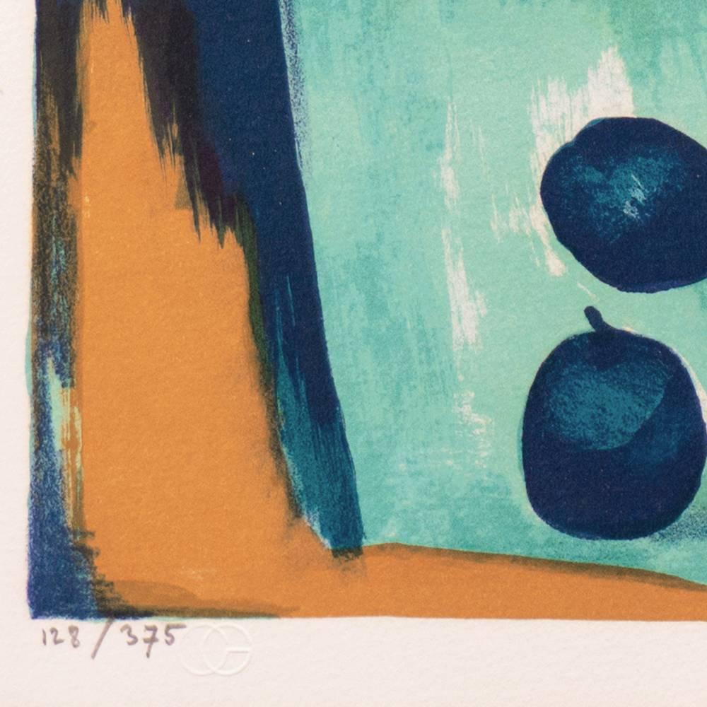 „Stillleben mit Früchten und einem Mandolin“, Benezit, Ecole Beaux-Arts, Pariser Salons  (Post-Impressionismus), Print, von Gérard Langlet