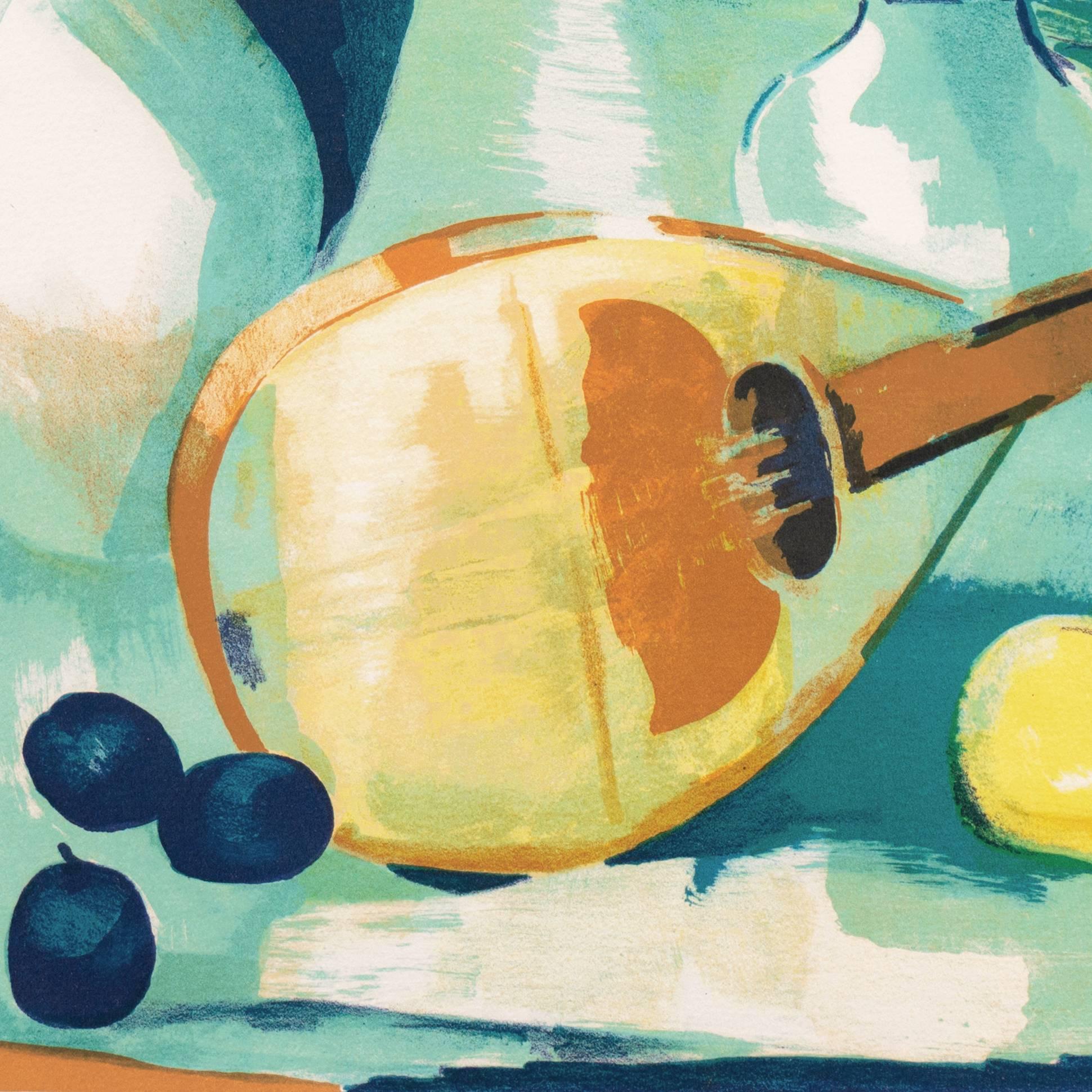 Inscribed lower right, 'Gerard Langlet' (French, born 1906) and with limited edition number and limitation '128/375' lower right. 

A substantial, stone lithograph still-life showing a view of a mandolin laying on a table beside a white ceramic jug