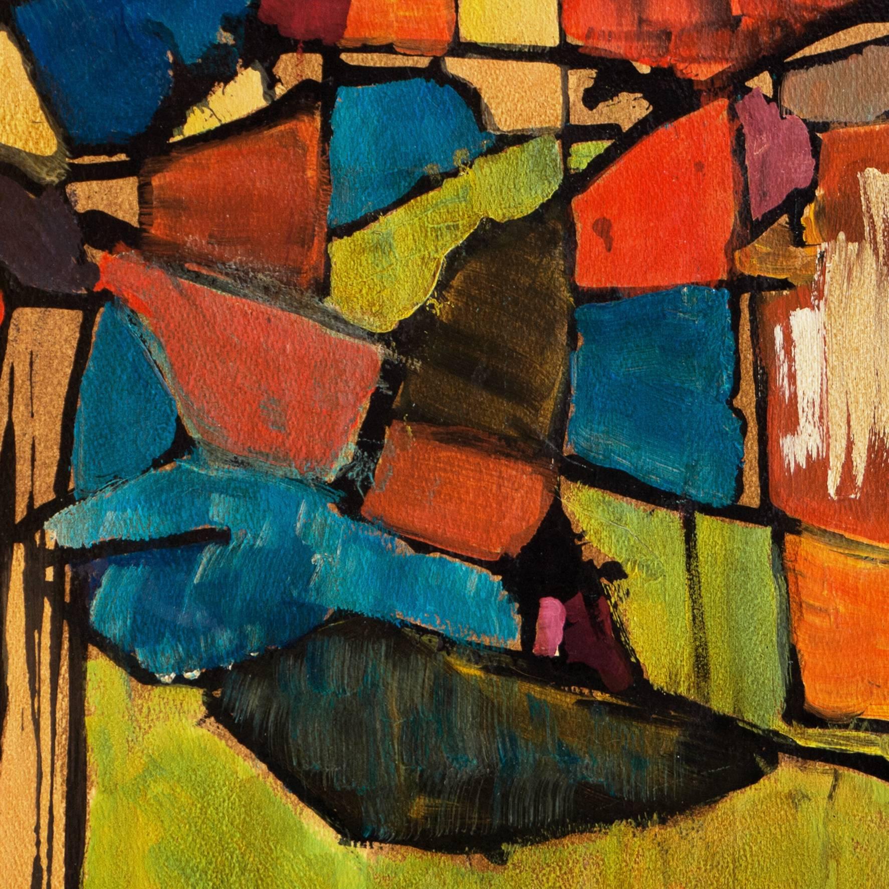 Oil abstract comprising interconnected organic shapes in variegated shades of turquoise, vermilion, coral, and lime, outlined in deep ebony.

Signed with monogram lower right, 'P.T.'. Additionally signed verso, 'Pearl Took' and dated November
