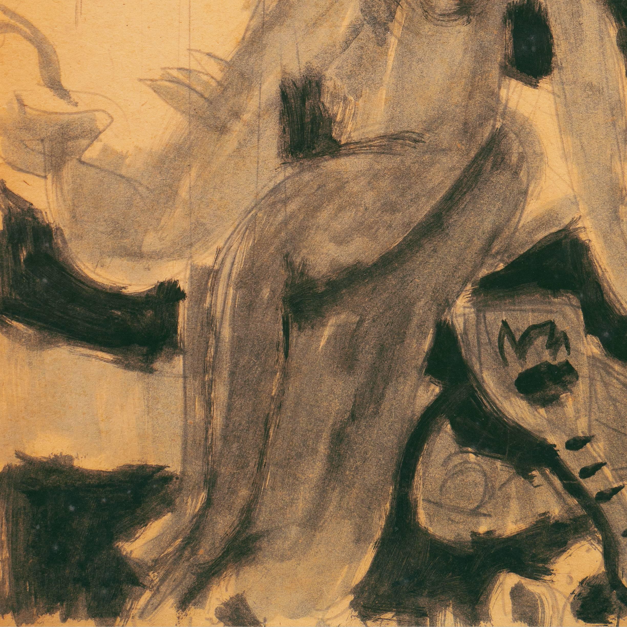 Victor Di Gesu Estate Stamp verso; painted circa 1955.

A grisaille with india ink study of a young woman, shown nude with one knee drawn up,  seated on a couch beside a table bearing a mandolin.

Winner of the Prix Othon Friesz, Victor di Gesu