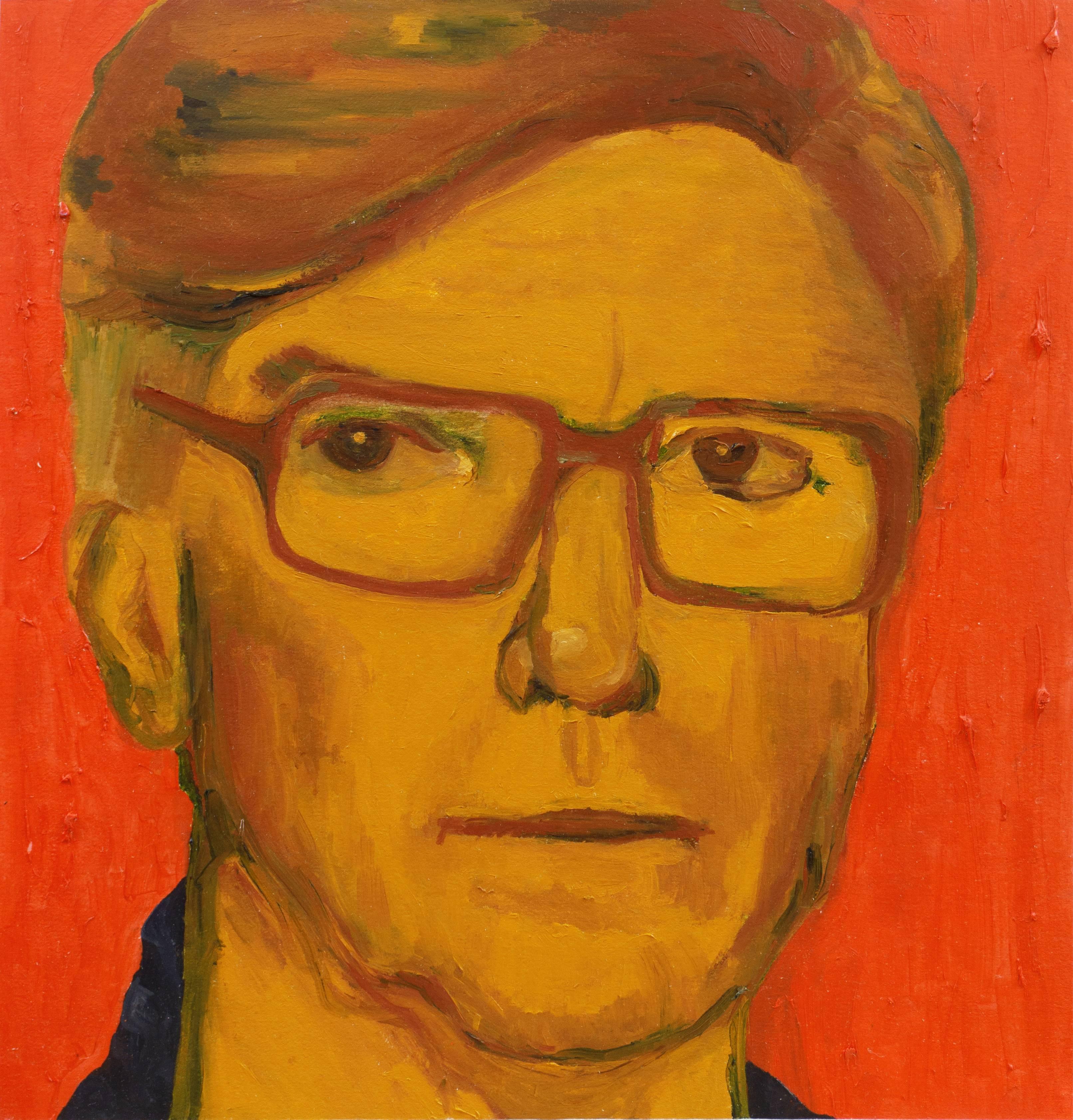 K.C. Collins Figurative Painting -  'Man in Glasses', Post Impressionist oil study in Ochre and Coral 