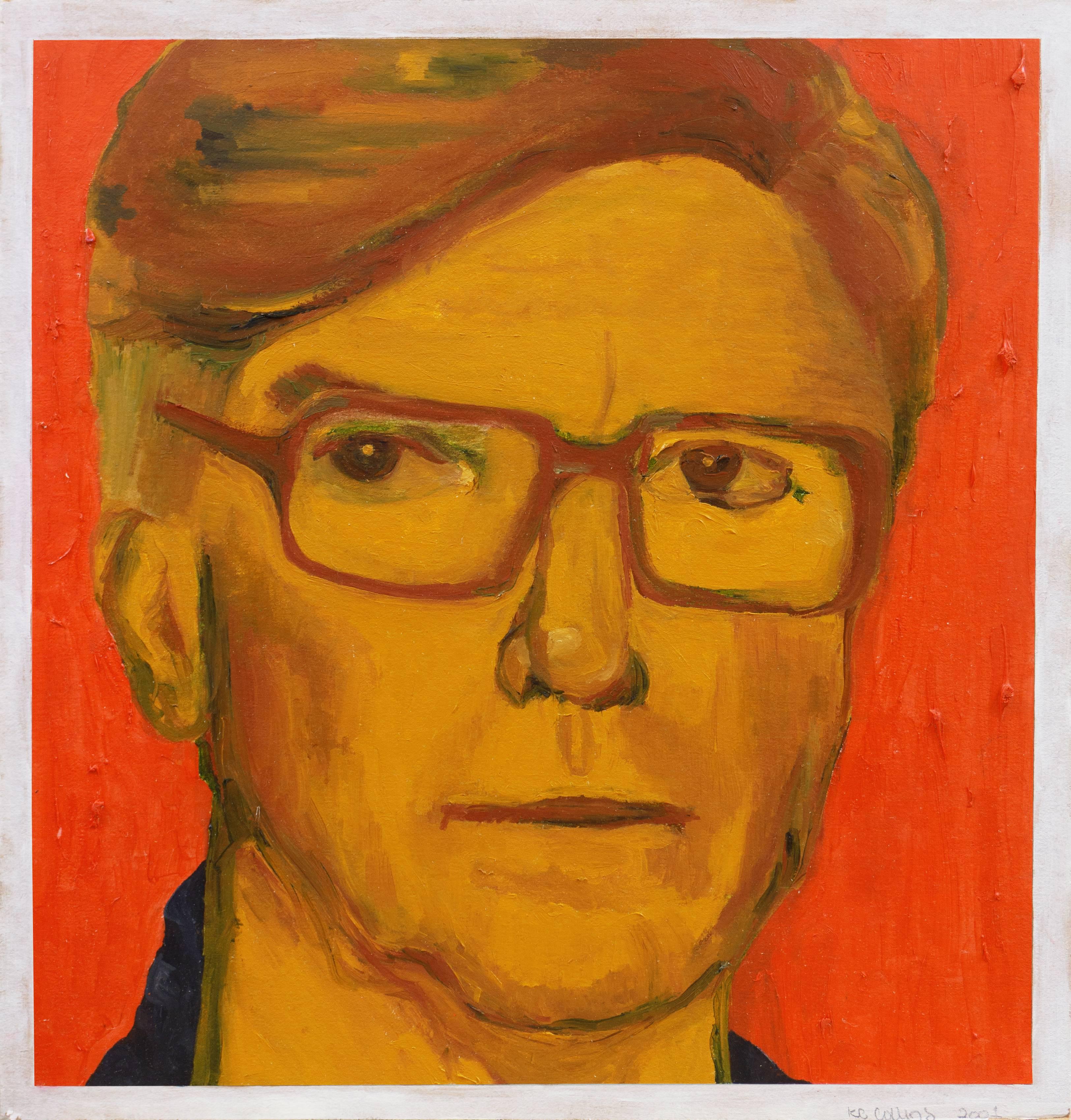  'Man in Glasses', Post Impressionist oil study in Ochre and Coral  - Painting by K.C. Collins