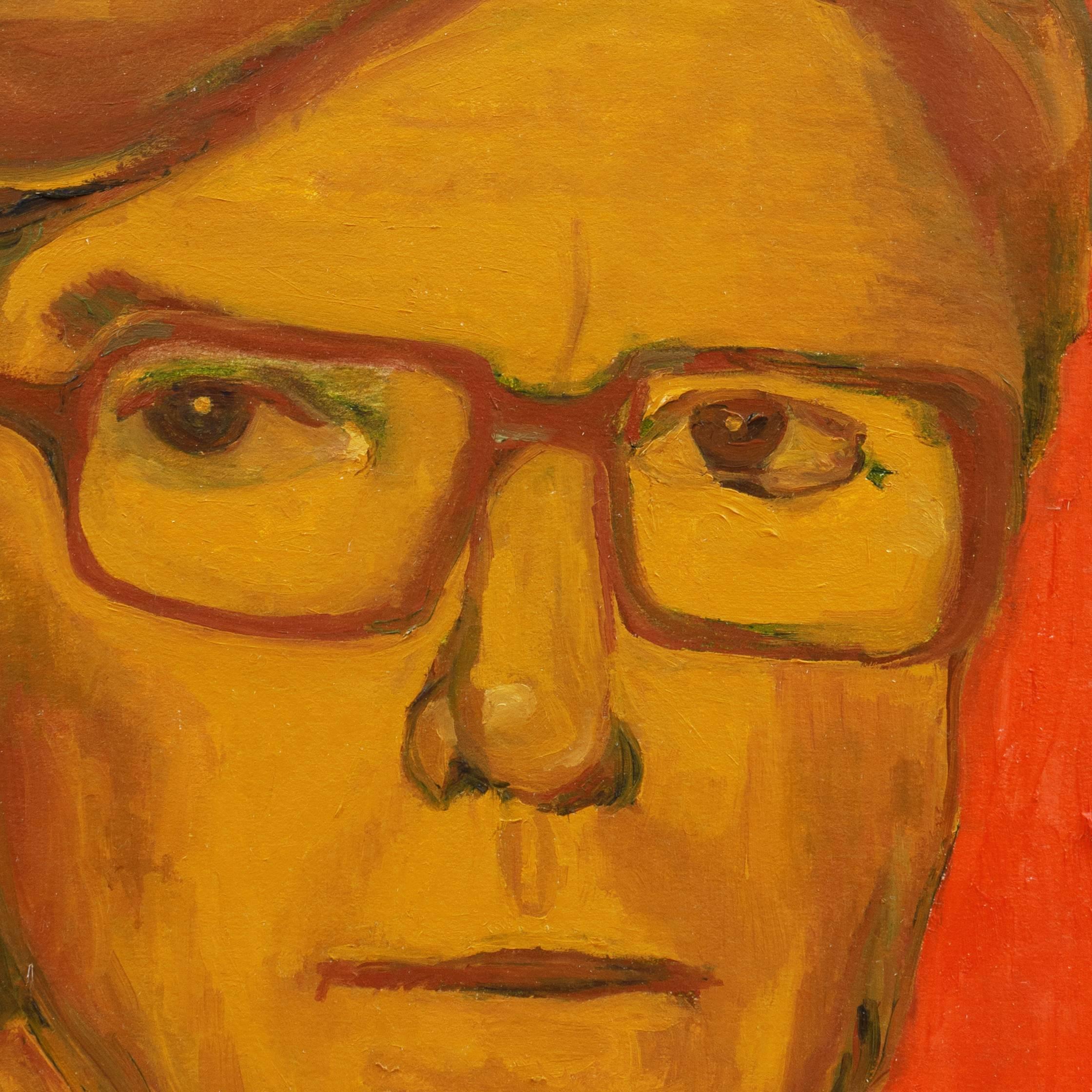  „Man in Glasses“, postimpressionistische Ölstudie in Ocker und Koralle  (Orange), Figurative Painting, von K.C. Collins