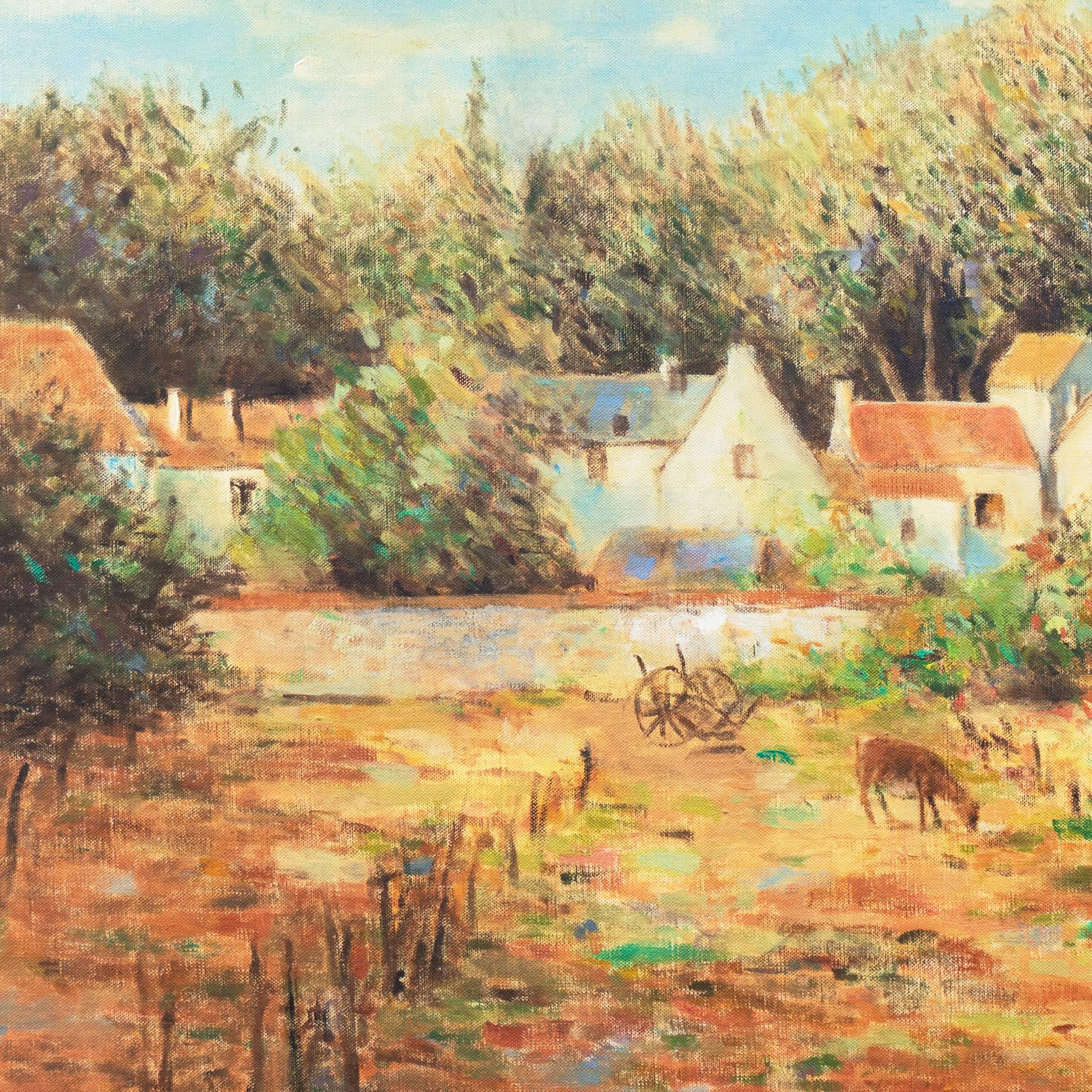 Paysage à l'huile représentant une vue de la campagne provençale, à travers un champ où paît une chèvre, vers un village arboré et, au-delà, vers des collines ondulantes sous un ciel bleu nuageux.

Signé en bas à droite, 