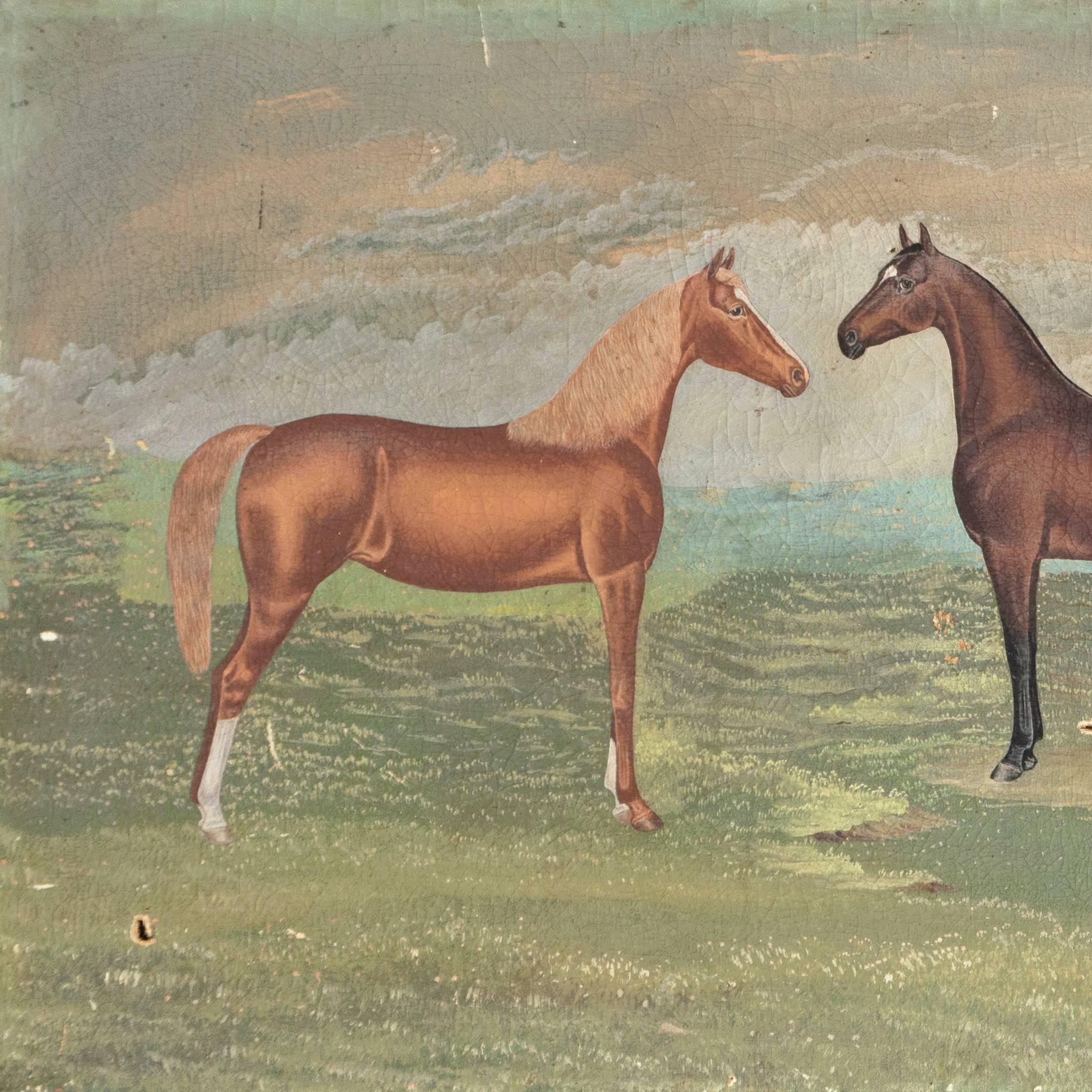 Signed lower right, 'Frost' and dated 1912; additionally, inscribed lower center 'Bred and owned by Len A. Saunders, Bolckow, MO'.

An elegant, early-twentieth century equine portrait showing five horses posed in a rural Missouri landscape.
 